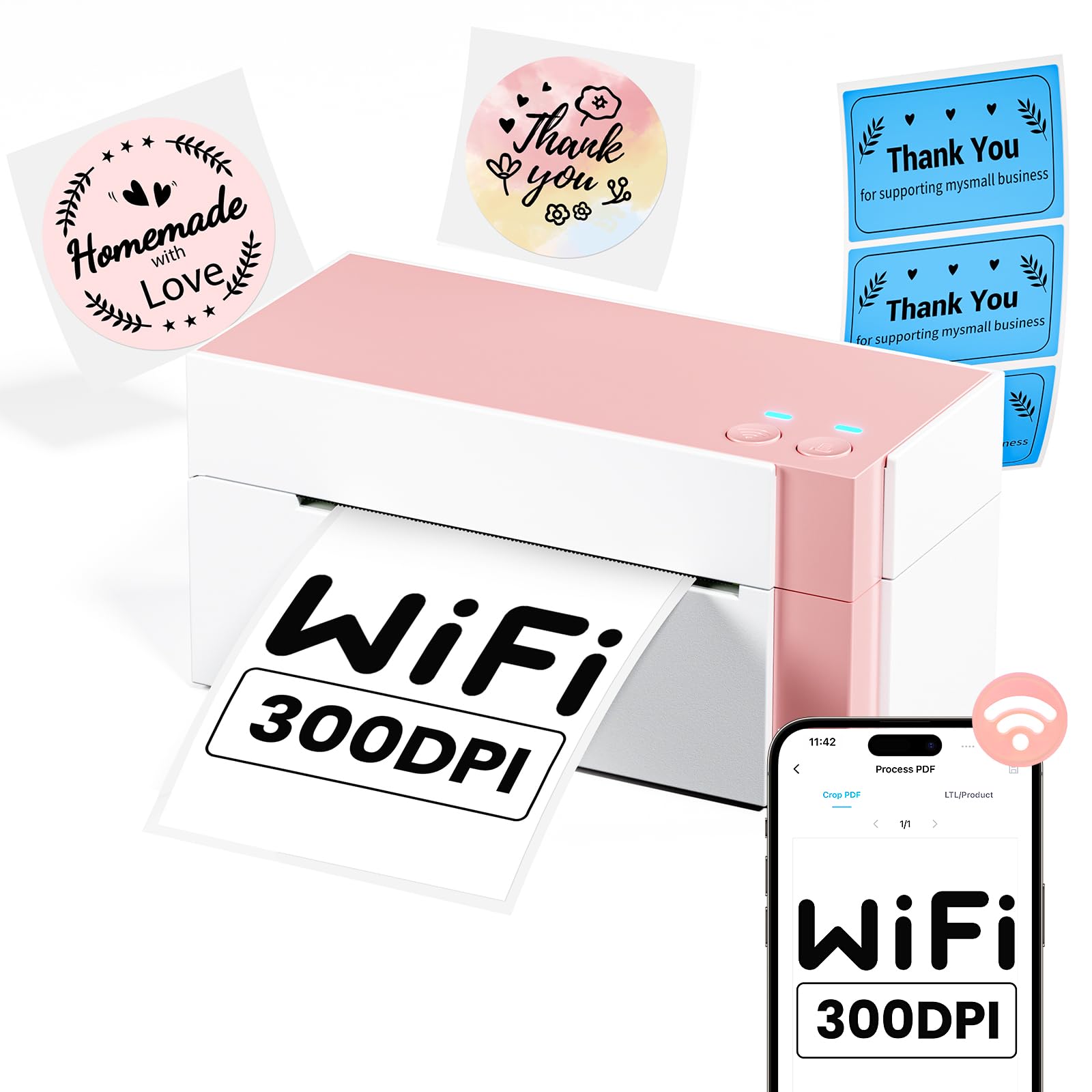 Phomemo WiFi Thermal Label Printer 4x6 - 300DPI High Resolution Wireless Shipping Label Printer for Small Business | Compatible with Shopify, USPS, Amazon, FedEx | Perfect for E-commerce, Online Stores & Package Shipping (Pink)