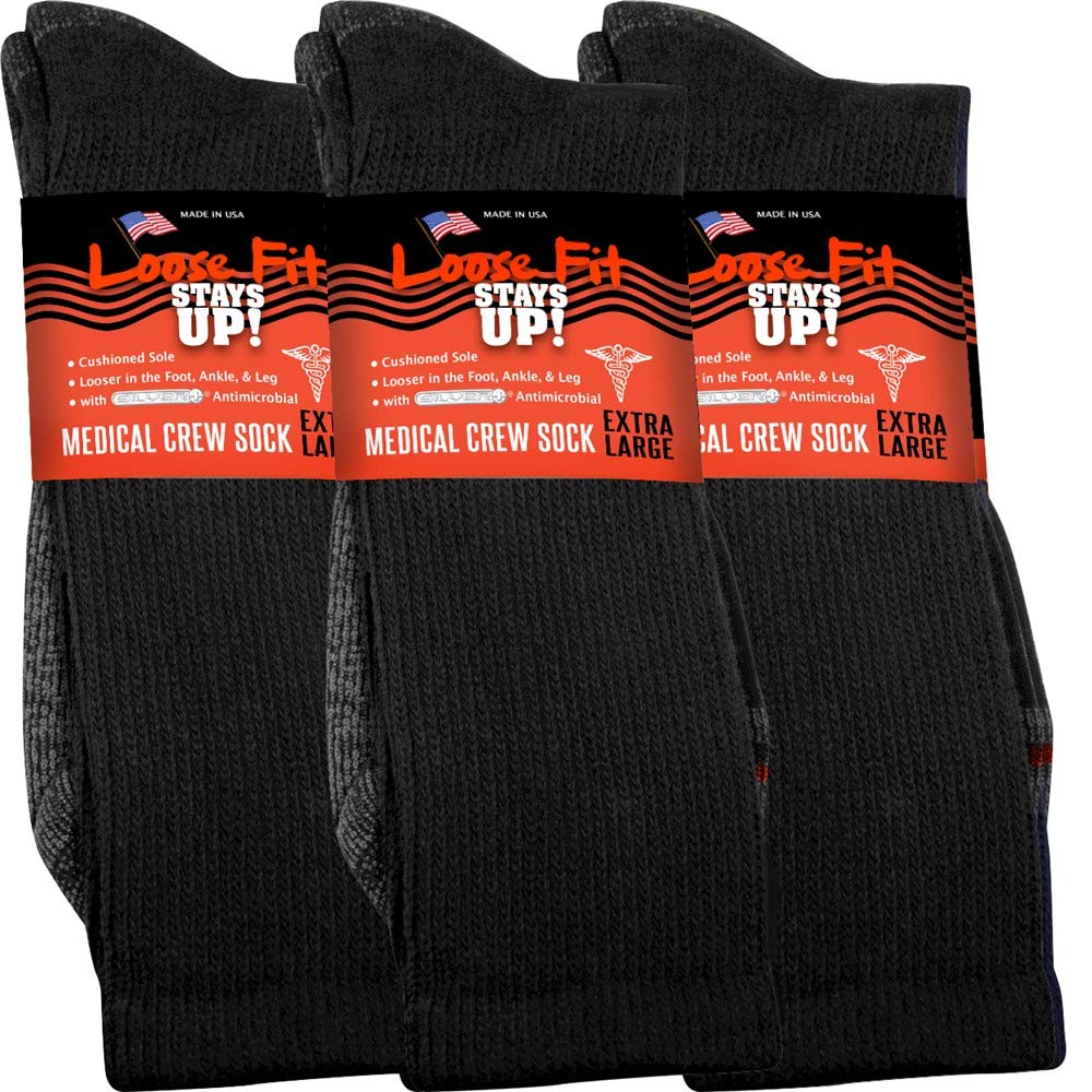Loose Fit Stay-Up Medical Socks for Men & Women - 3 Pack with Cushioned Sole - Made in USA - Ideal for Diabetic Care, Circulation Support & All-Day Comfort