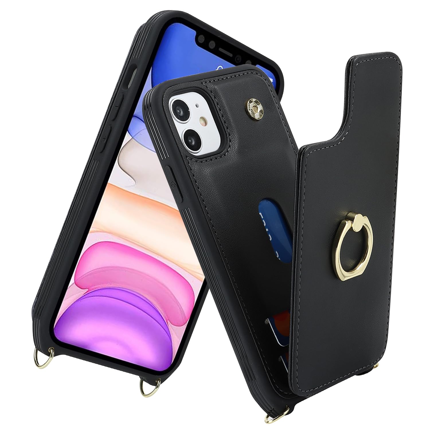 Premium iPhone 11 Wallet Case with Card Holder & Wrist Strap - 6.1 Inch Protective Phone Cover with Kickstand, Crossbody Lanyard & Snap Closure (Black) - Perfect for Women's Everyday Use, Travel & Hands-Free Convenience