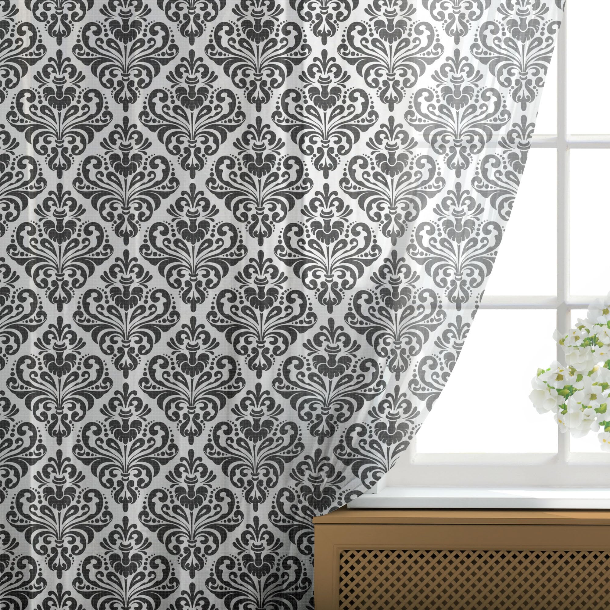 Ambesonne Black & White Damask Tulle Curtains with Rod Pocket - Floral Pattern Sheer Drapes for Living Room, Bedroom, Wedding (108