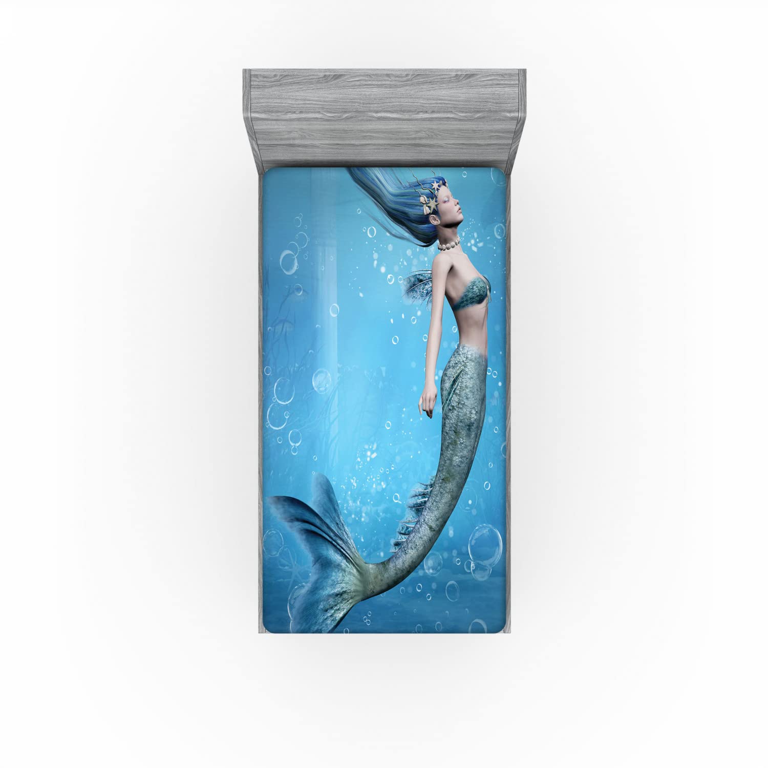 Ambesonne Underwater Fitted Sheet - Mermaid Fishtail Ocean Life Art Print, Deep Pocket Elastic Twin XL Bed Sheet for Comfort | Mythical Creature Themed Bedding for Kids Room, Guest Bed or Beach House Decor (Blue)