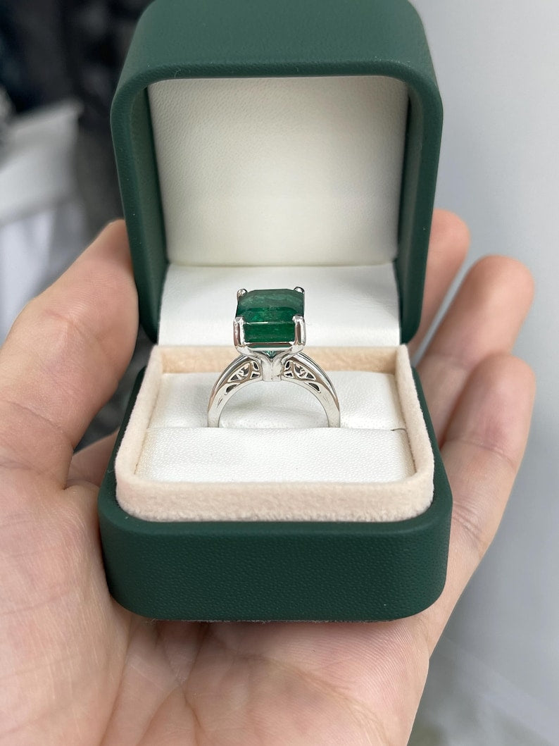 9.16ct Natural Deep Green Emerald Cathedral Solitaire Ring in 14K White Gold | Elegant Wedding, Engagement & Anniversary Jewelry Gift for Women