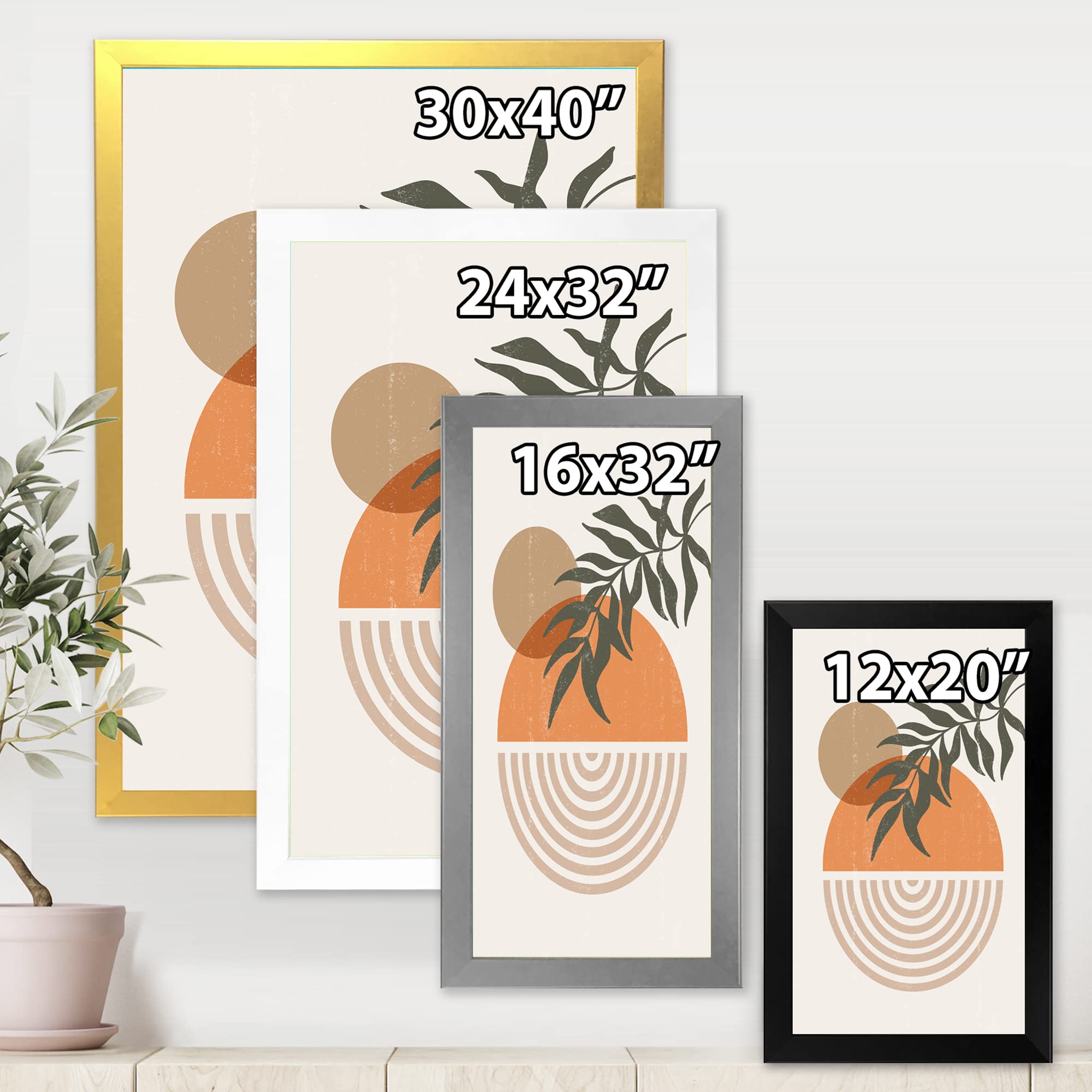 Abstract Geometric Sun and Moon Wall Art with Leaf Design - Modern Framed Canvas Painting for Living Room, Bedroom & Office Decor