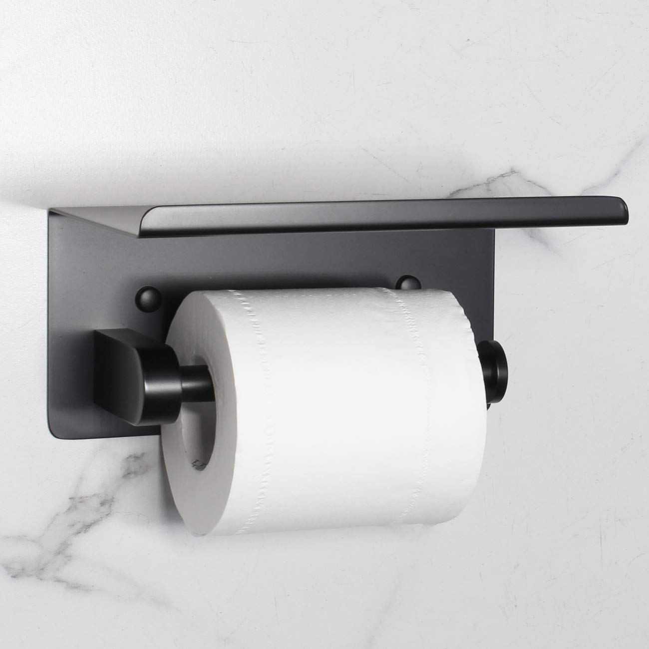 Modern Matte Black Toilet Paper Holder with Shelf - SUS 304 Stainless Steel Bathroom Accessory - Wall Mounted Paper Towel & Phone Storage - Perfect for Small Bathrooms, Powder Rooms & RV Baths