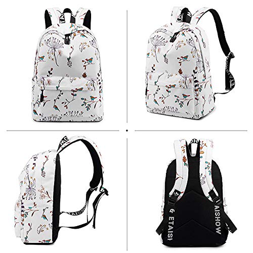 Van Caro Floral Backpack - Large 17 Inch Laptop Backpack for College, Travel & Work - Waterproof Casual Bookbag with USB Charging Port - Perfect for School, Commuting & Weekend Getaways (White)