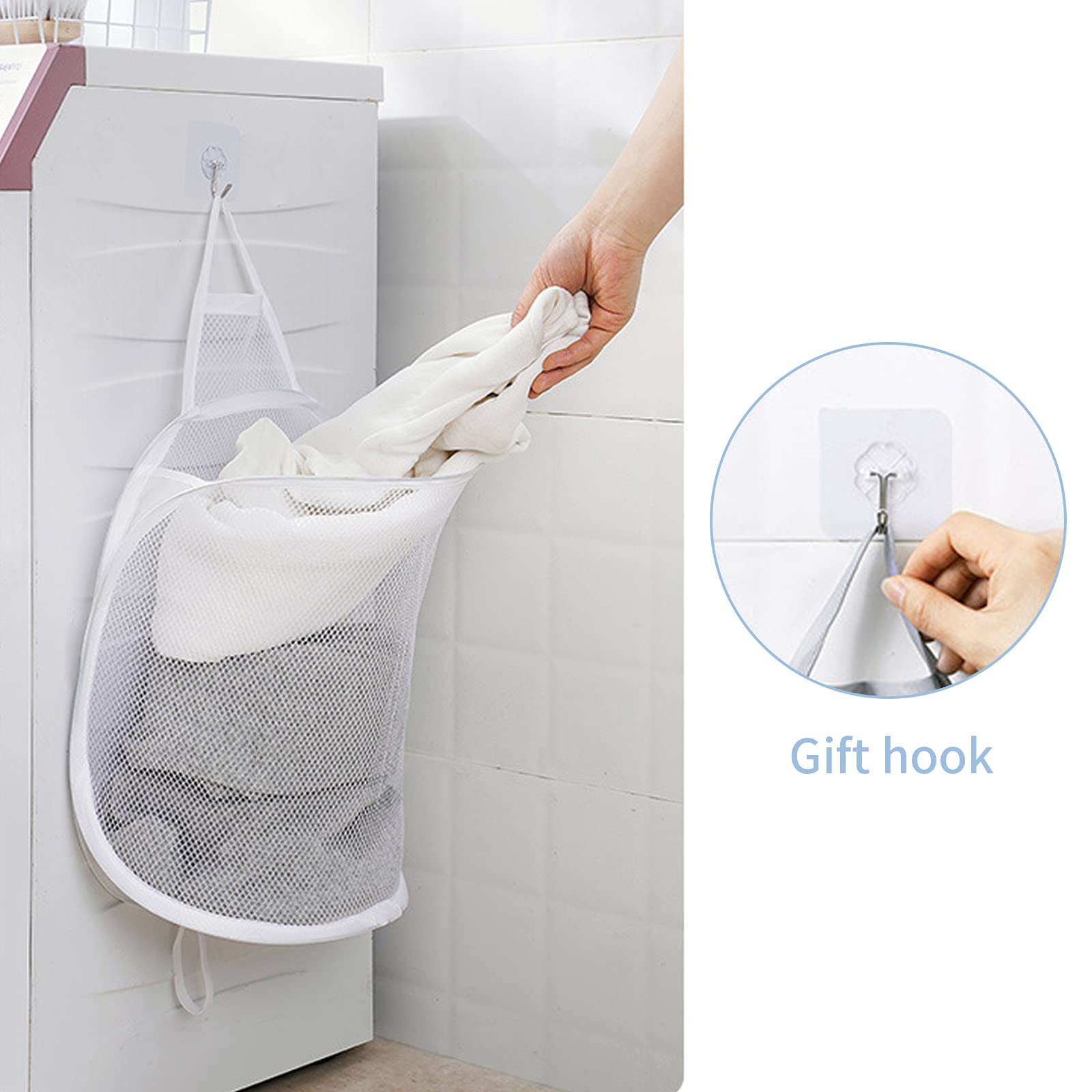 Pop-up Hanging Laundry Hamper 2 Pack - Foldable Mesh Laundry Basket, Collapsible Wall Mounted Storage Bag for Dorm, Closet & Bathroom Organization - Grey & White - Perfect for College, Travel & Small Spaces