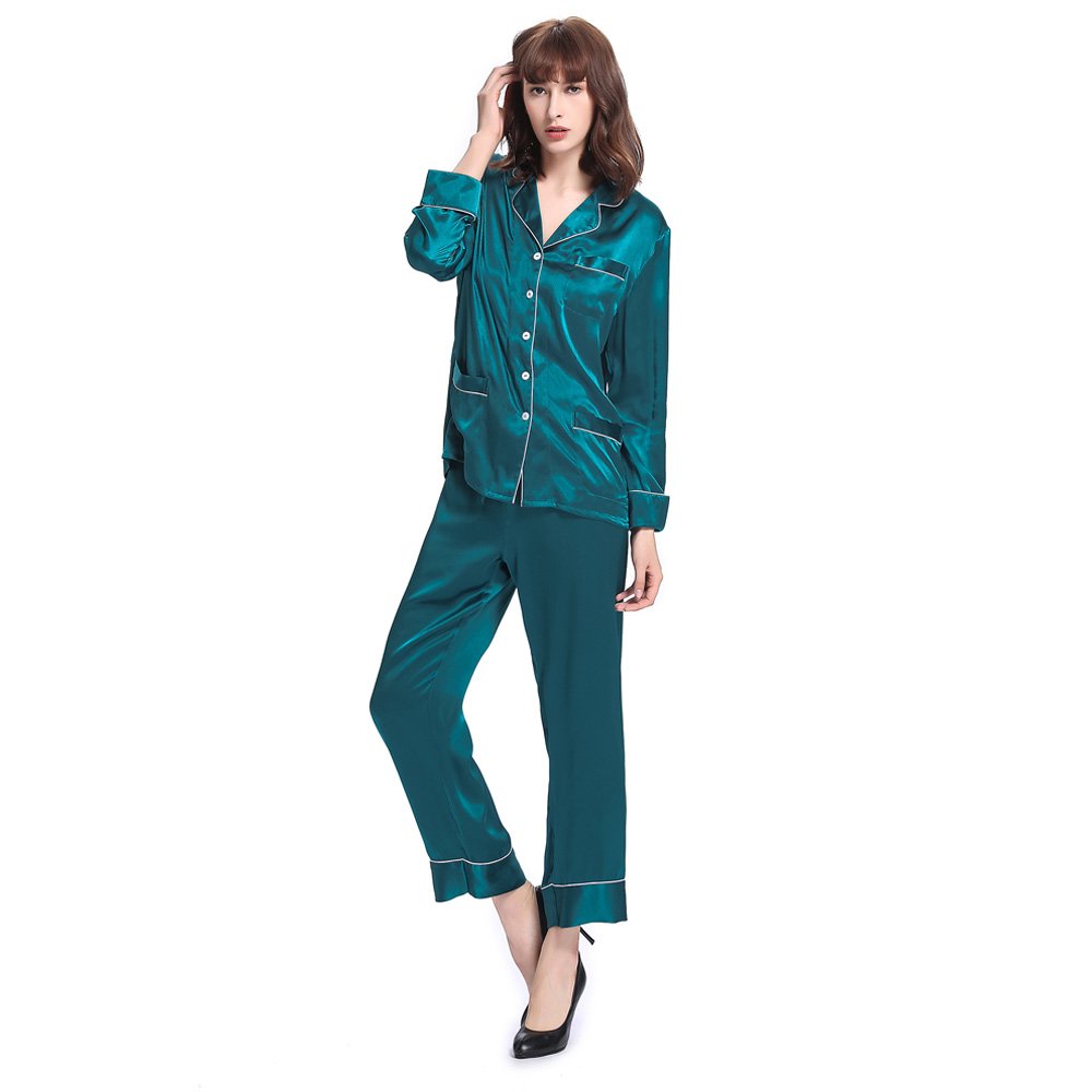 LilySilk Women's Long Silk Pajama Set - V-Neck Notched Collar Luxurious Sleepwear for Women | Soft & Breathable Silk Pajamas for Nightwear, Lounge Wear & Gift Giving