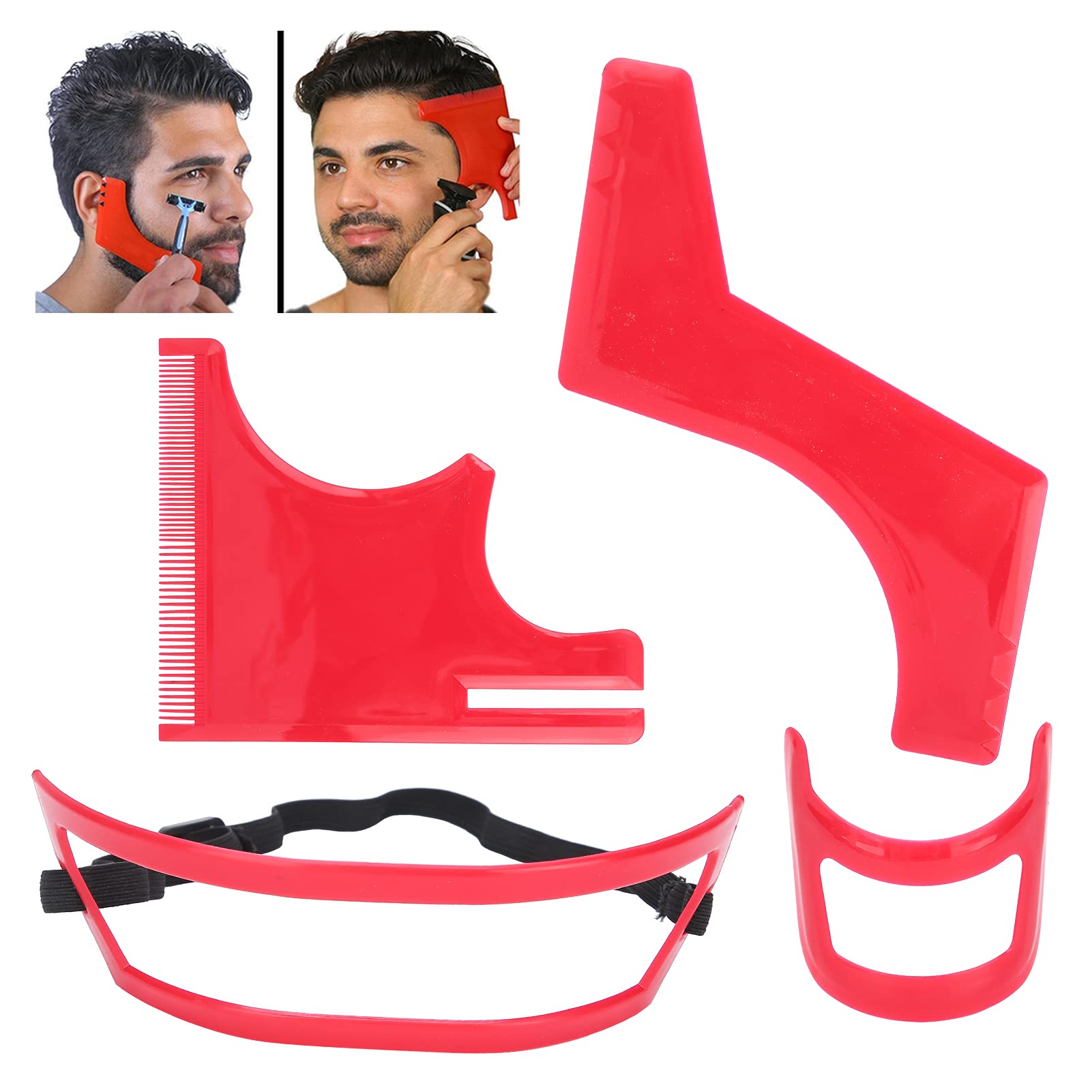Professional Beard Shaping Tool Kit - 4pcs Beard Styling & Grooming Templates for Precise Hairline Cutting & Shaving | Perfect for Barbershop & Home Grooming | Durable Red Plastic Beard Template Set