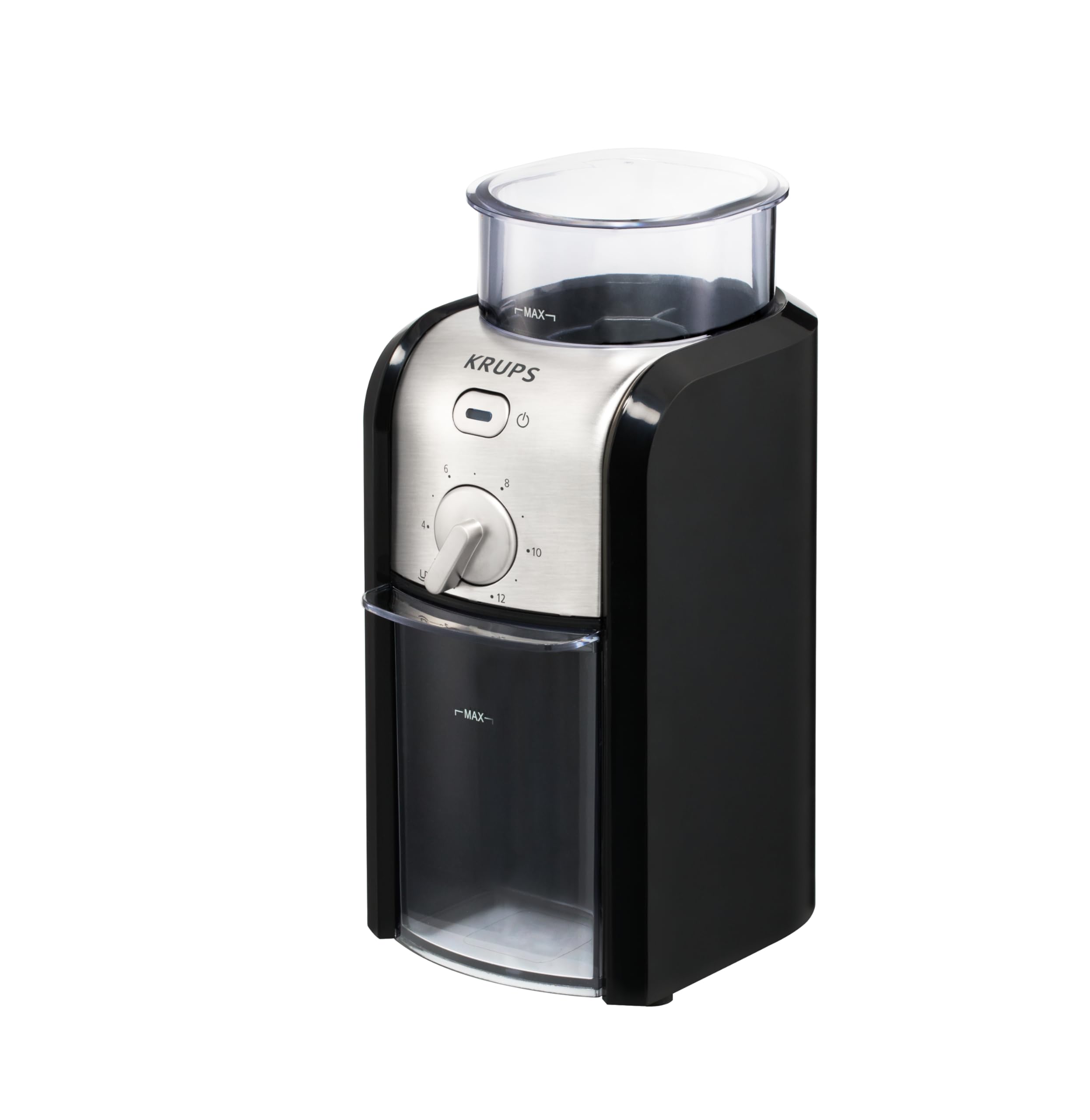 KRUPS Stainless Steel Flat Burr Coffee Grinder - Adjustable Grind Size & Cup Selection - 8-Ounce Capacity - Black & Metal Design for Espresso, French Press & Pour Over Coffee Brewing