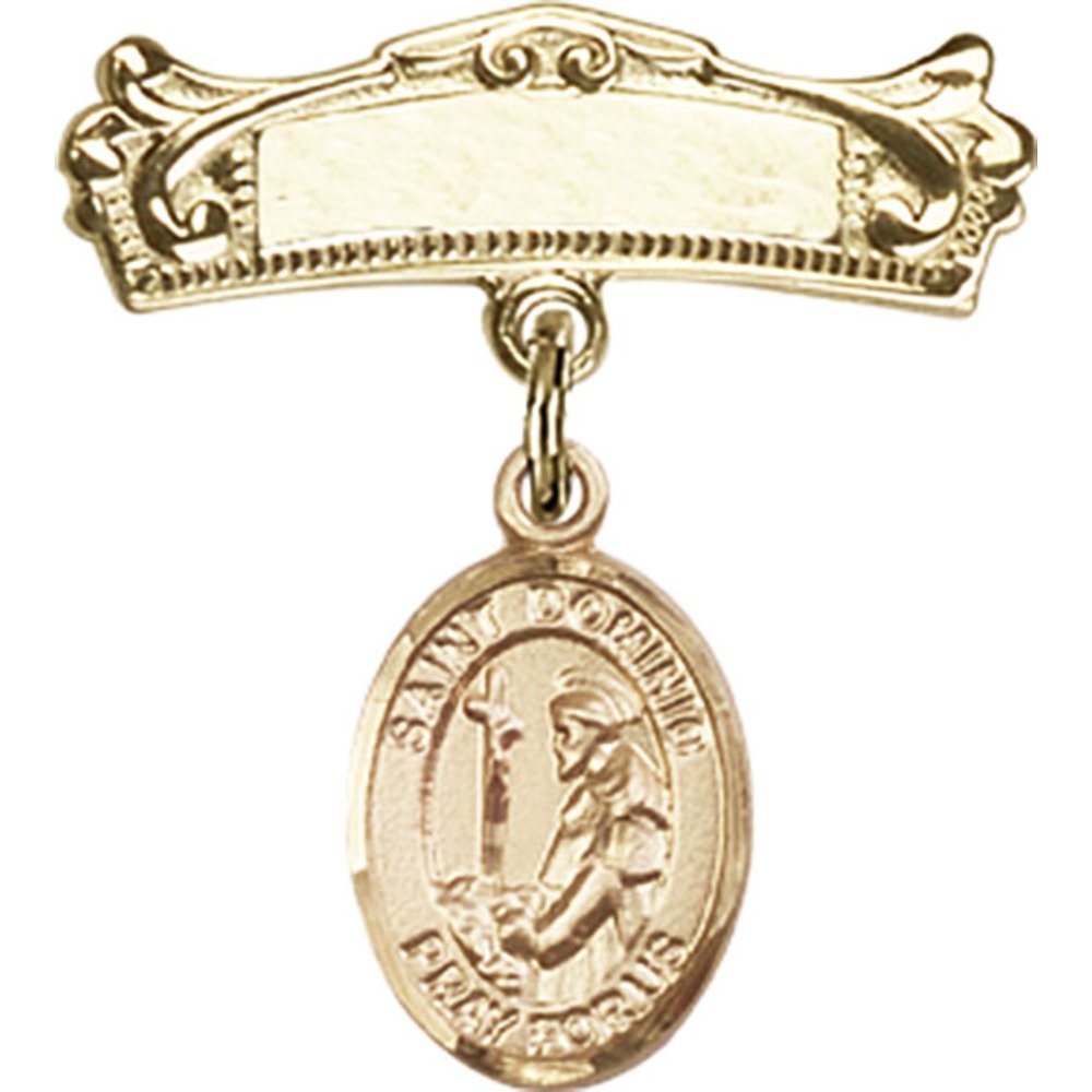 Gold Filled Baby Badge with St. Dominic de Guzman Charm - 7/8 X 3/4 Inch Arched Polished Pin for Christening, Baptism & First Communion Gifts