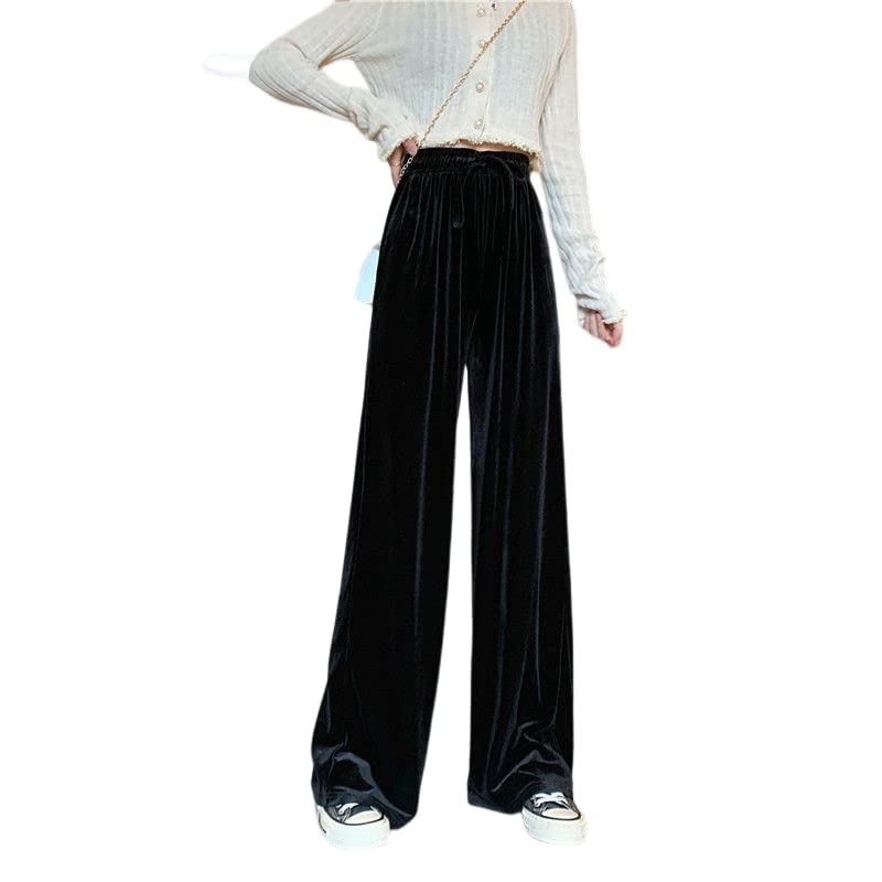 Women's Velvet Straight Leg Pants - High Waist Elastic Drawstring Casual Wide Leg Velour Trousers for Lounge, Work & Evening Outfits