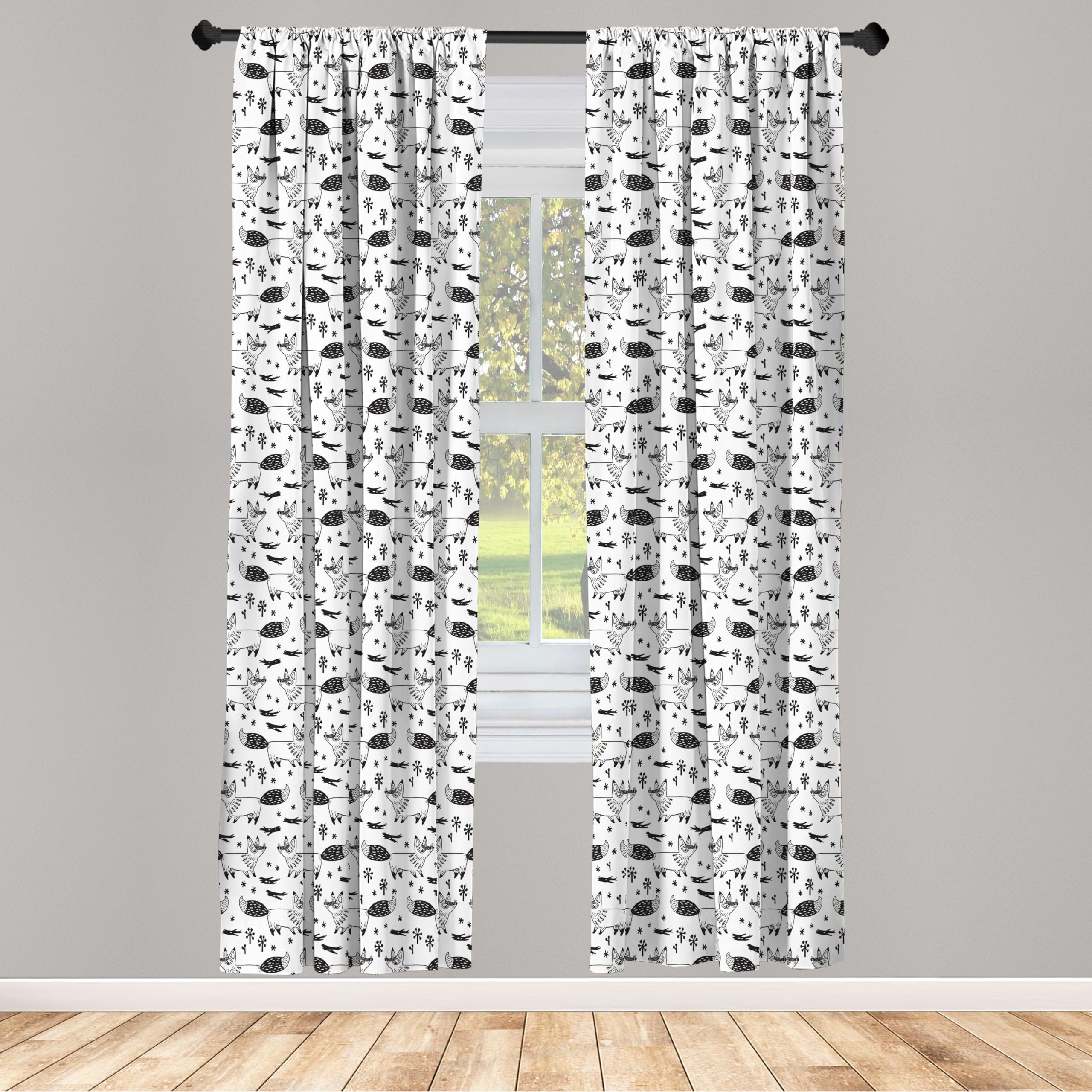 Ambesonne Fox Window Curtains - Monochromatic Wild Animal & Floral Design, Lightweight 2-Panel Set with Rod Pocket (28x84 Inch, Charcoal Grey White) - Perfect for Living Room, Bedroom & Nursery Decor