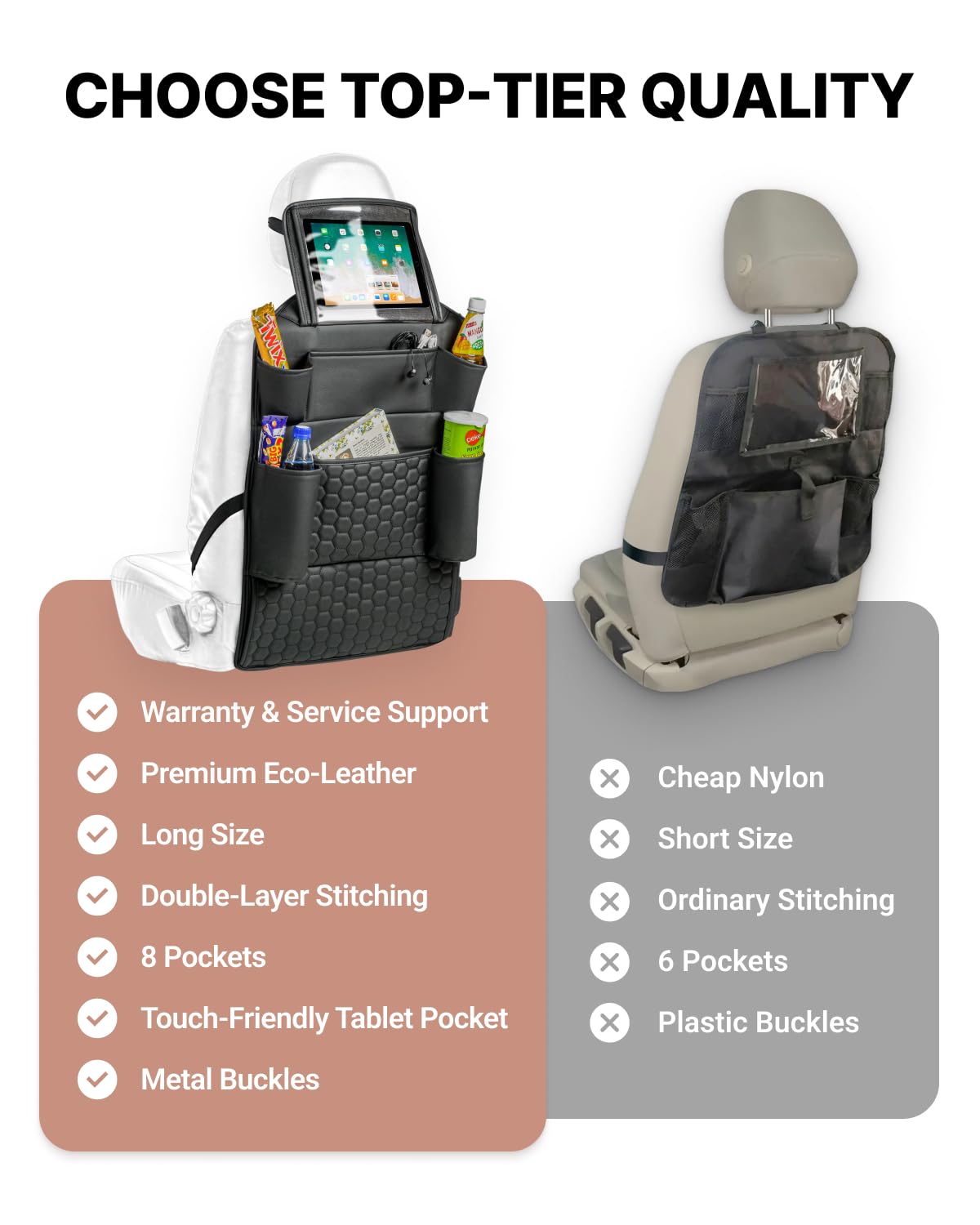 Premium Leather Back Seat Car Organizer with Cat & Child Seat Protector - Multi-Pocket Vehicle Storage Organizer for Toys, Snacks & Essentials - Perfect for Family Road Trips & Pet Travel Accessories