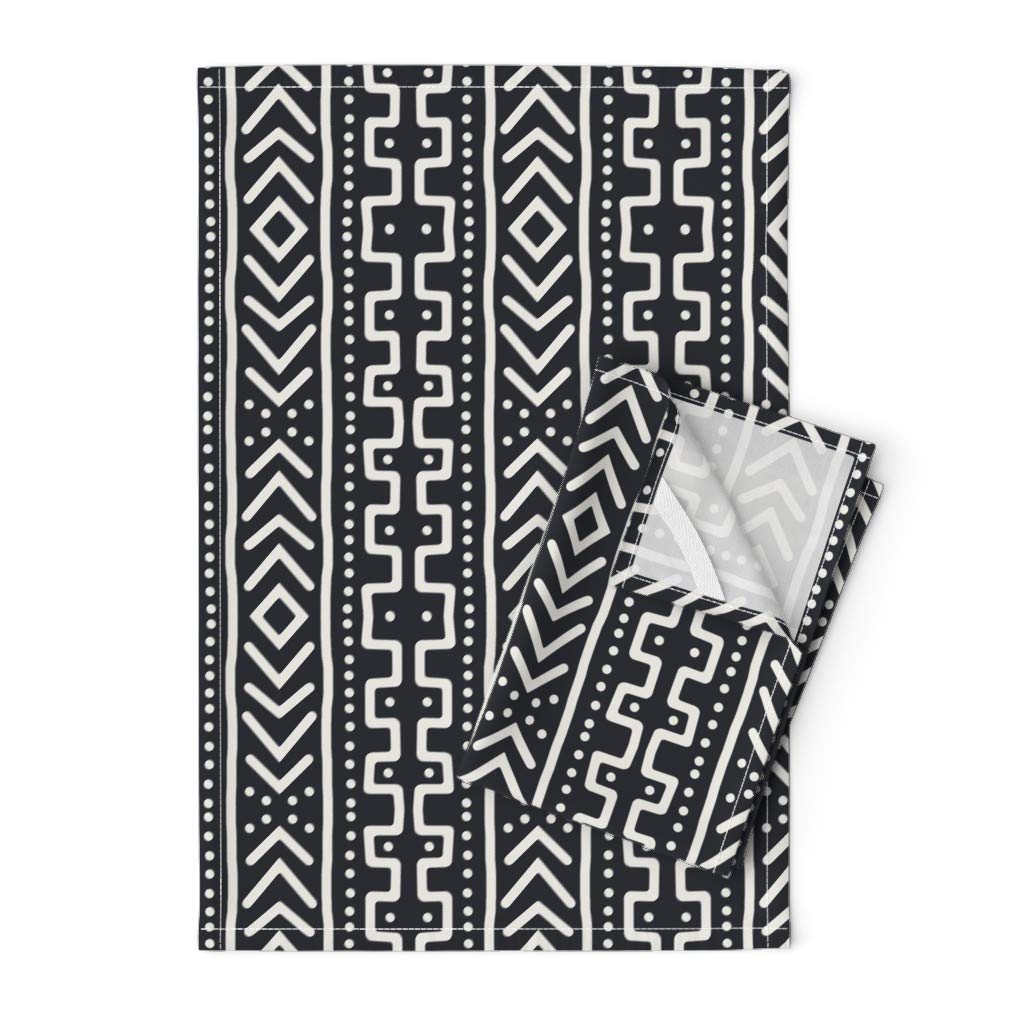 Mudcloth Africa Inspired Boho Tea Towel - Printed Linen Cotton Canvas Kitchen Towel for Drying Dishes & Boho Home Decor