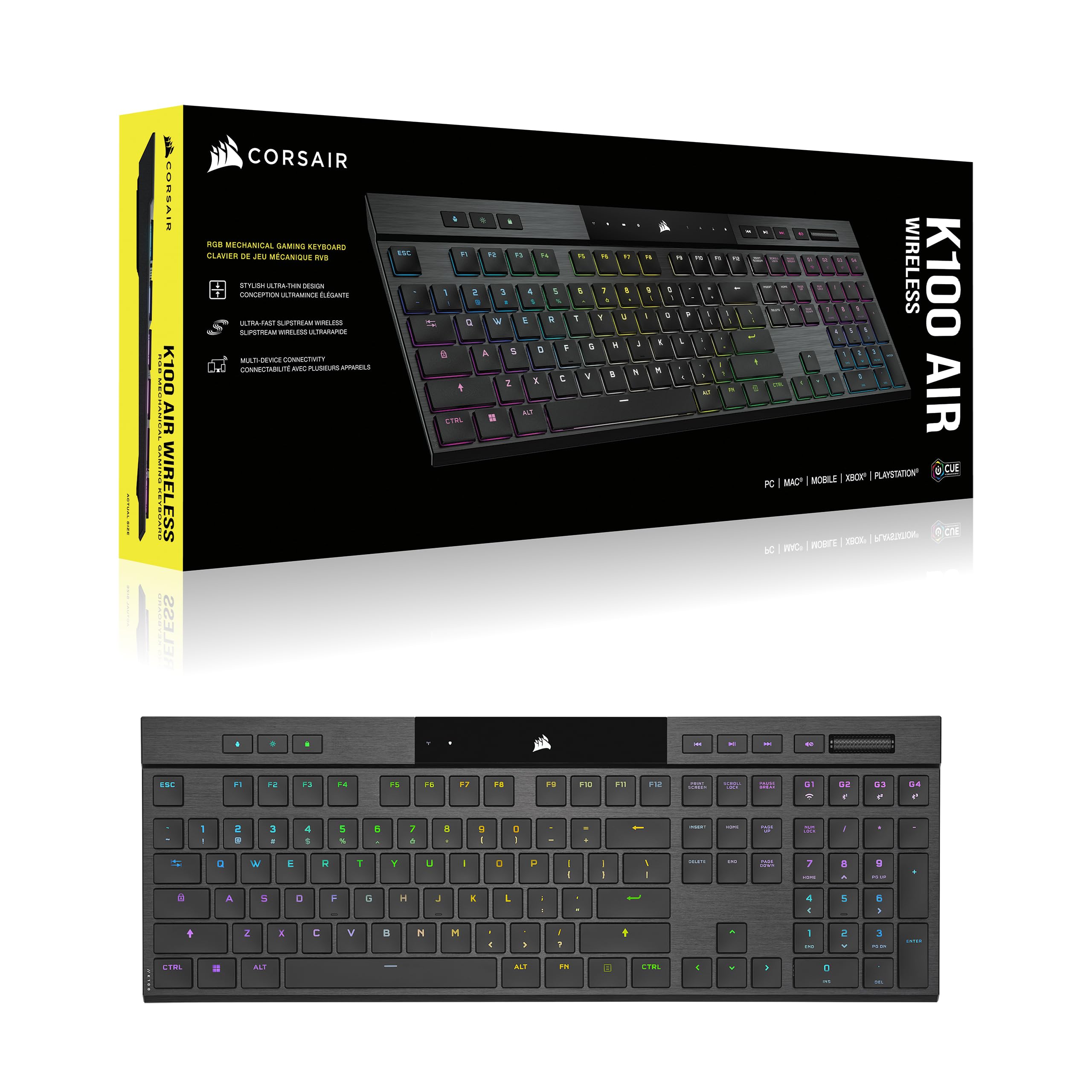 Corsair K100 AIR Wireless RGB Mechanical Gaming Keyboard - Ultra-Thin, Sub-1ms Slipstream, Low-Latency Bluetooth, Cherry MX Ultra Low Profile Keyswitches - NA Layout, QWERTY - Black | Perfect for Esports, Streaming & Office Work
