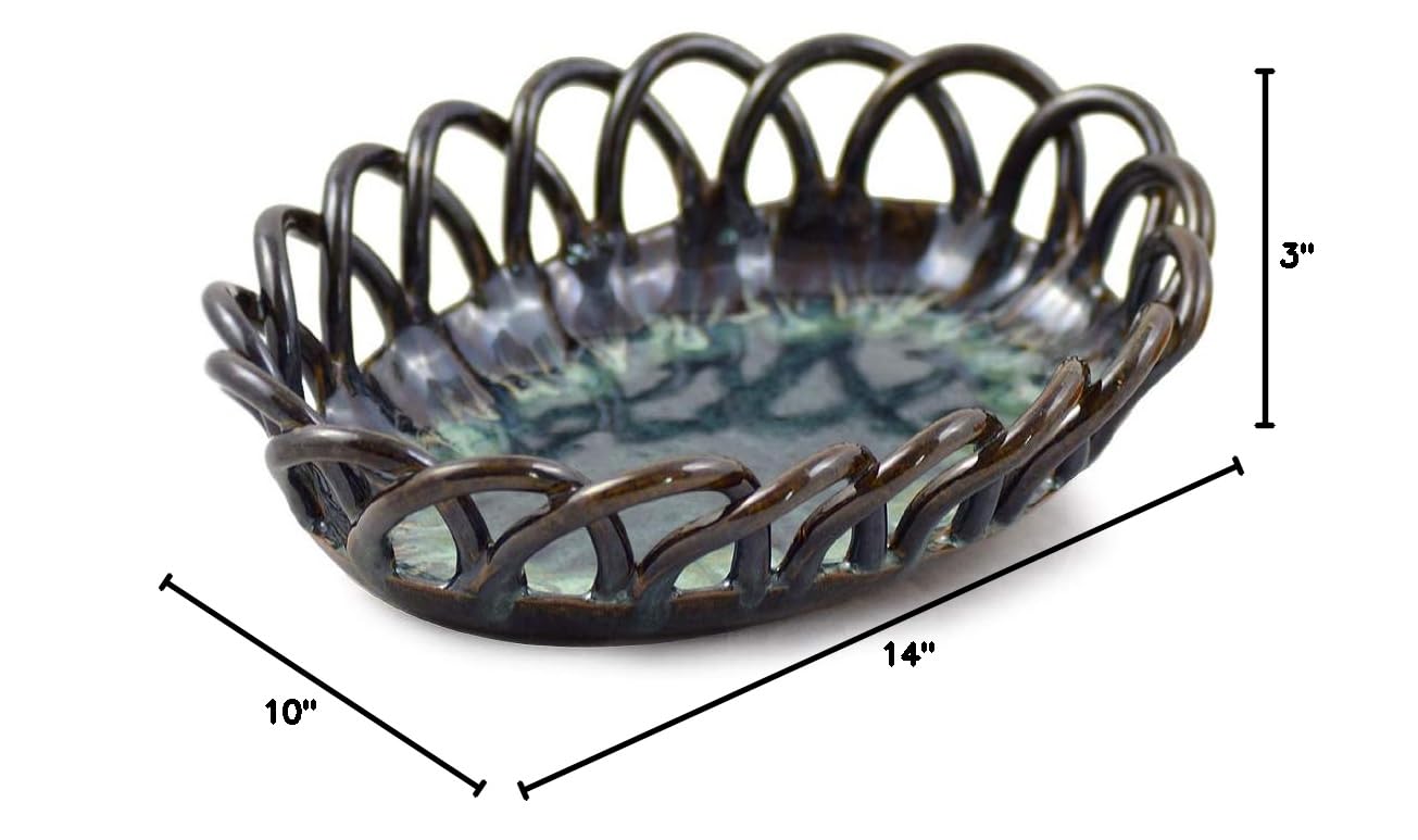 Handmade Stoneware Bread Basket - Midnight Blue Woven Pottery for Rustic Kitchen & Farmhouse Dining | Perfect for Bread, Fruits, and Home Decor