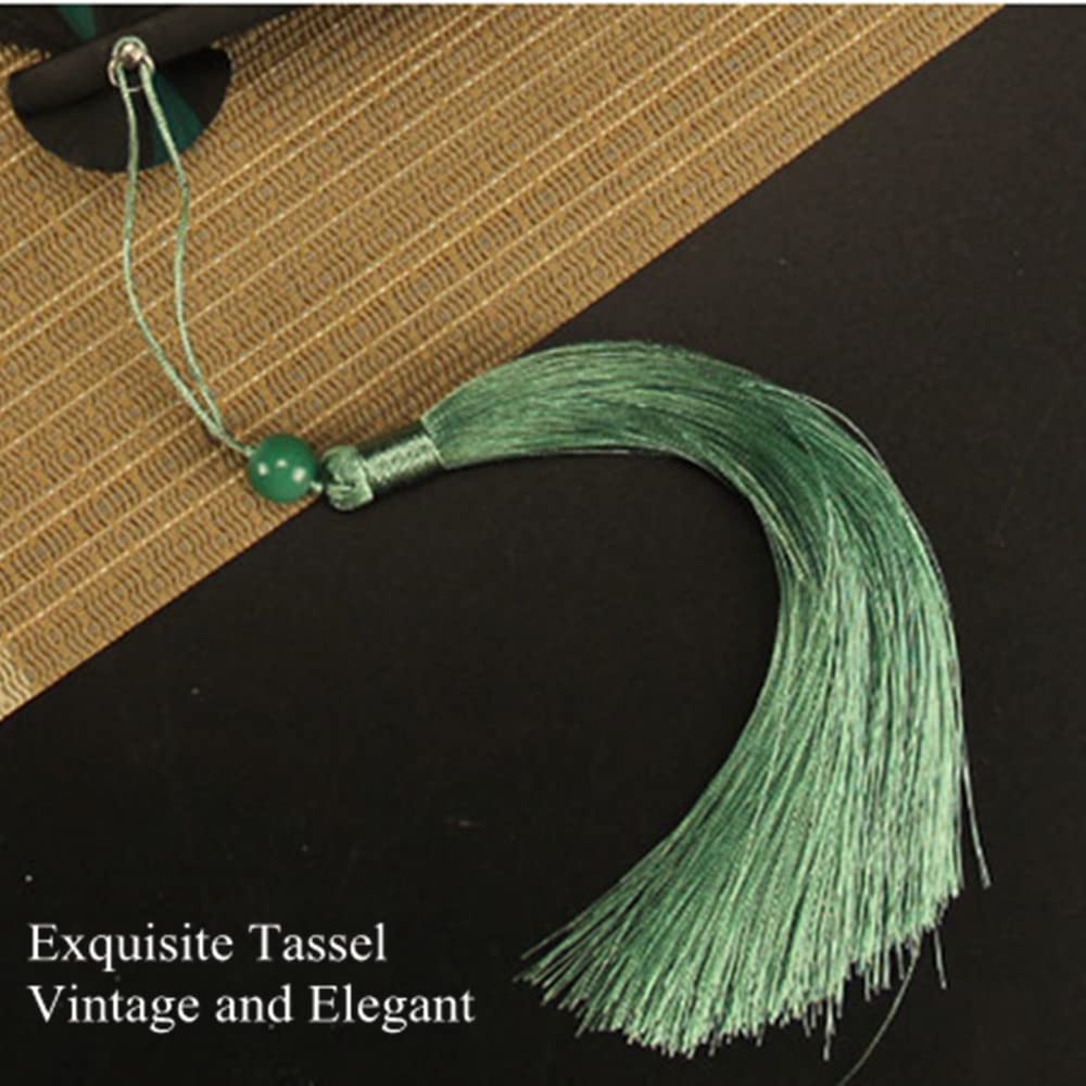 Full Bamboo Hand Fan - Foldable Wedding Fan with Tassel, 100% Bamboo Frame - Chinese & Japanese Style Decorative Handheld Fan - Perfect Gift for Friends (Black & Green) - Ideal for Weddings, Tea Ceremonies, Cosplay & Summer Cooling