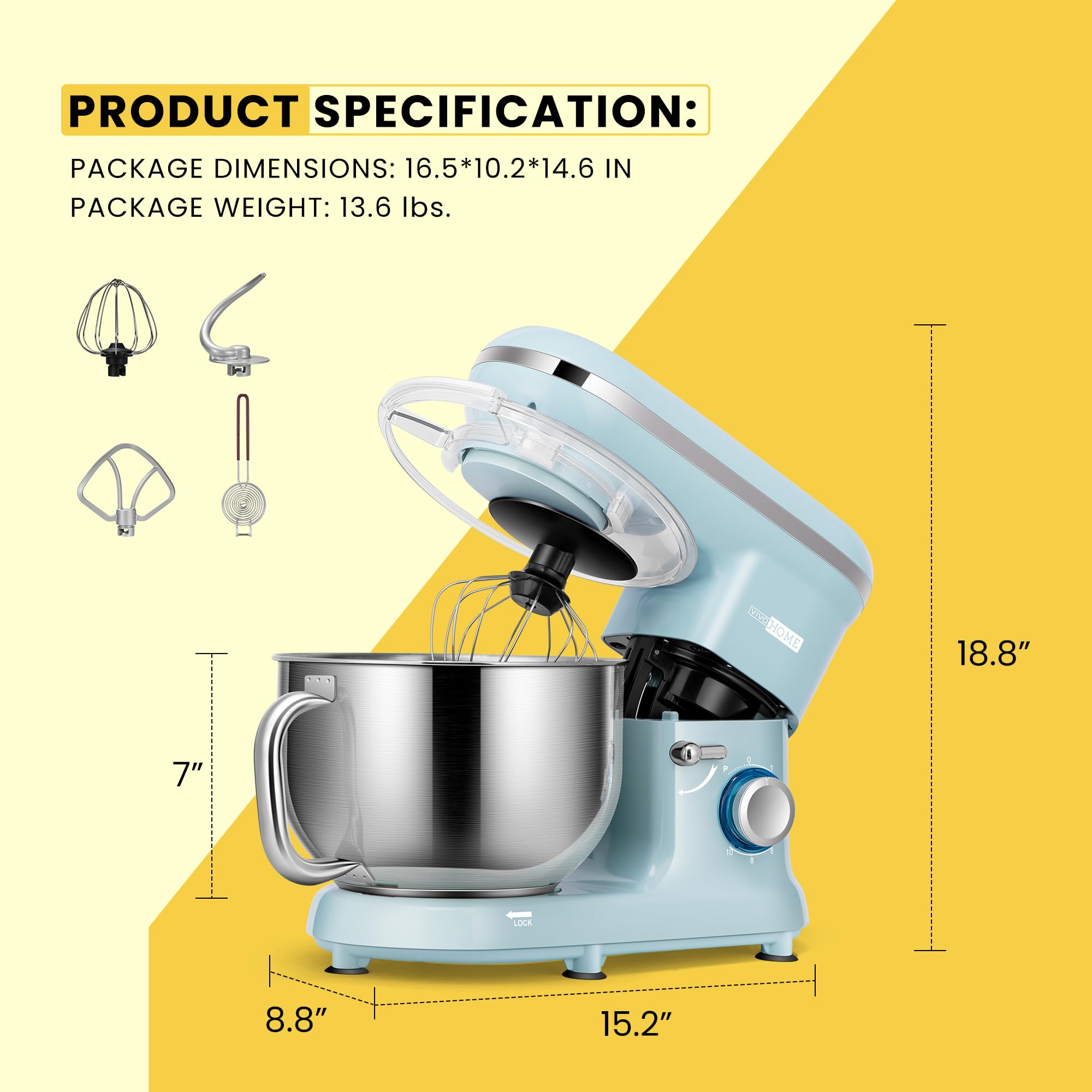 VIVOHOME 660W 10-Speed 6-Quart Tilt-Head Stand Mixer with Beater, Dough Hook & Wire Whip - Electric Kitchen Mixer for Baking, Cooking & Egg Separation (Blue) - Perfect for Home Bakers & Professional Chefs