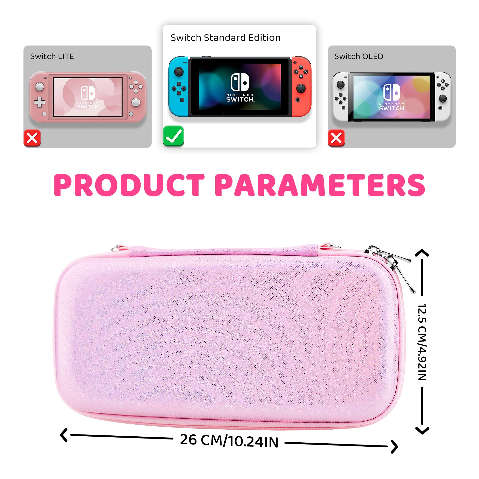 Glitter Pink Hard Travel Case for Nintendo Switch - Portable Protective Cover with Clear Glitter, Shoulder Strap & 2 Thumb Caps | Perfect for Gaming On-The-Go, Travel Protection & Switch Accessories Storage