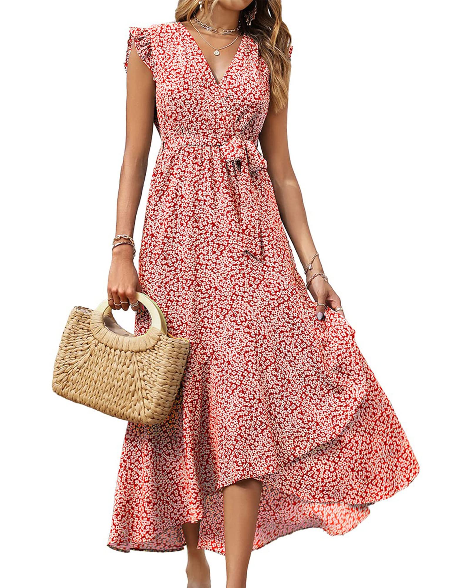BTFBM Women's Floral Maxi Dress with Ruffle Sleeves & V-Neck - Summer Beach Wedding Guest Dress, Spring Vacation Outfit, Elegant Wrap Dress with Belt for Parties & Special Occasions