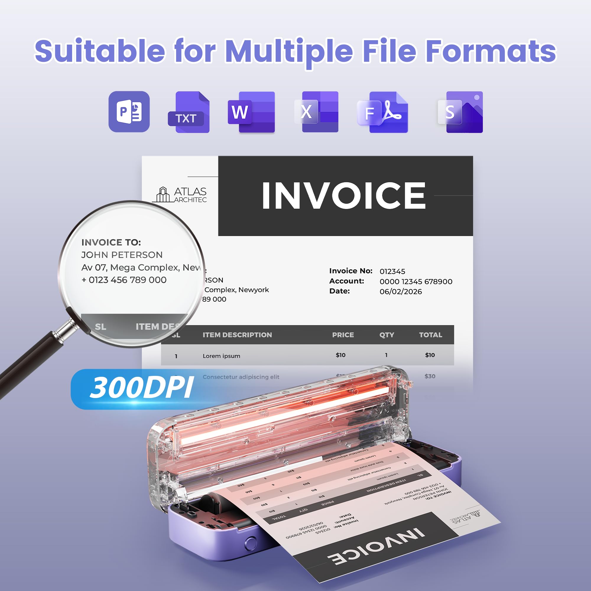 ItriAce A4 Thermal Printer - M832 Bluetooth Wireless Inkless Printer for Office, Home, Study & Travel | Compatible with Laptop, Smartphone & Tablet | Print Labels, Receipts & Documents - Purple
