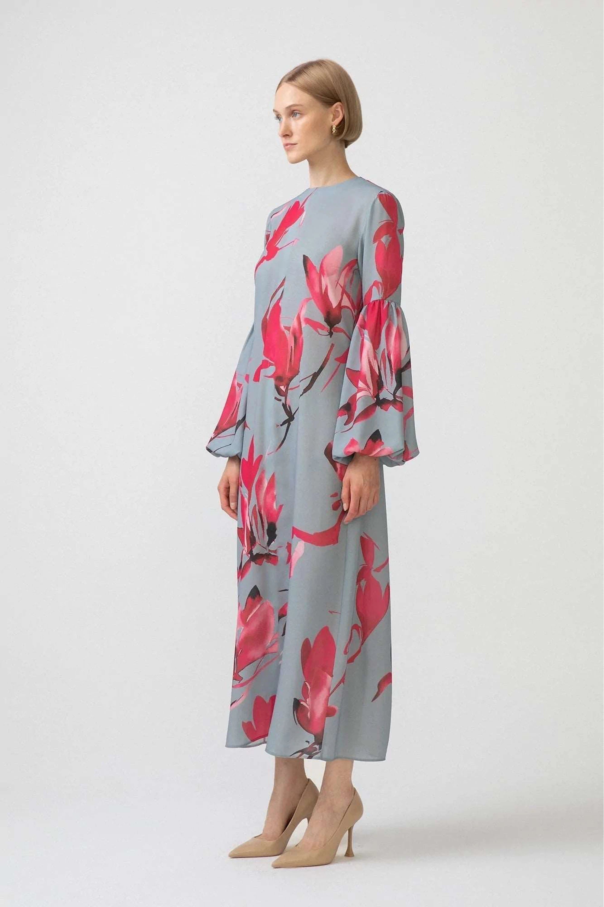 Zara Floral Print Long Sleeve Balloon Dress for Women | Elegant Party, Wedding Guest & Special Occasion Outfit