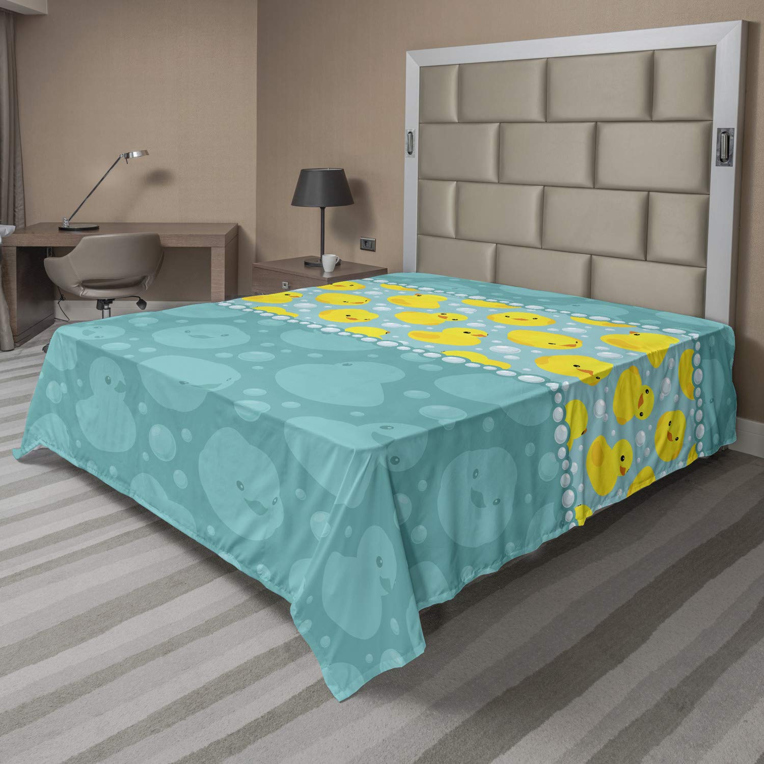 Ambesonne Rubber Duck Queen Size Flat Sheet - Cartoon Duckies Swimming in Water with Fun Bubbles Pattern, Soft & Comfortable Teal Blue Decorative Bedding for Kids Room, Nursery or Themed Bathroom Decor