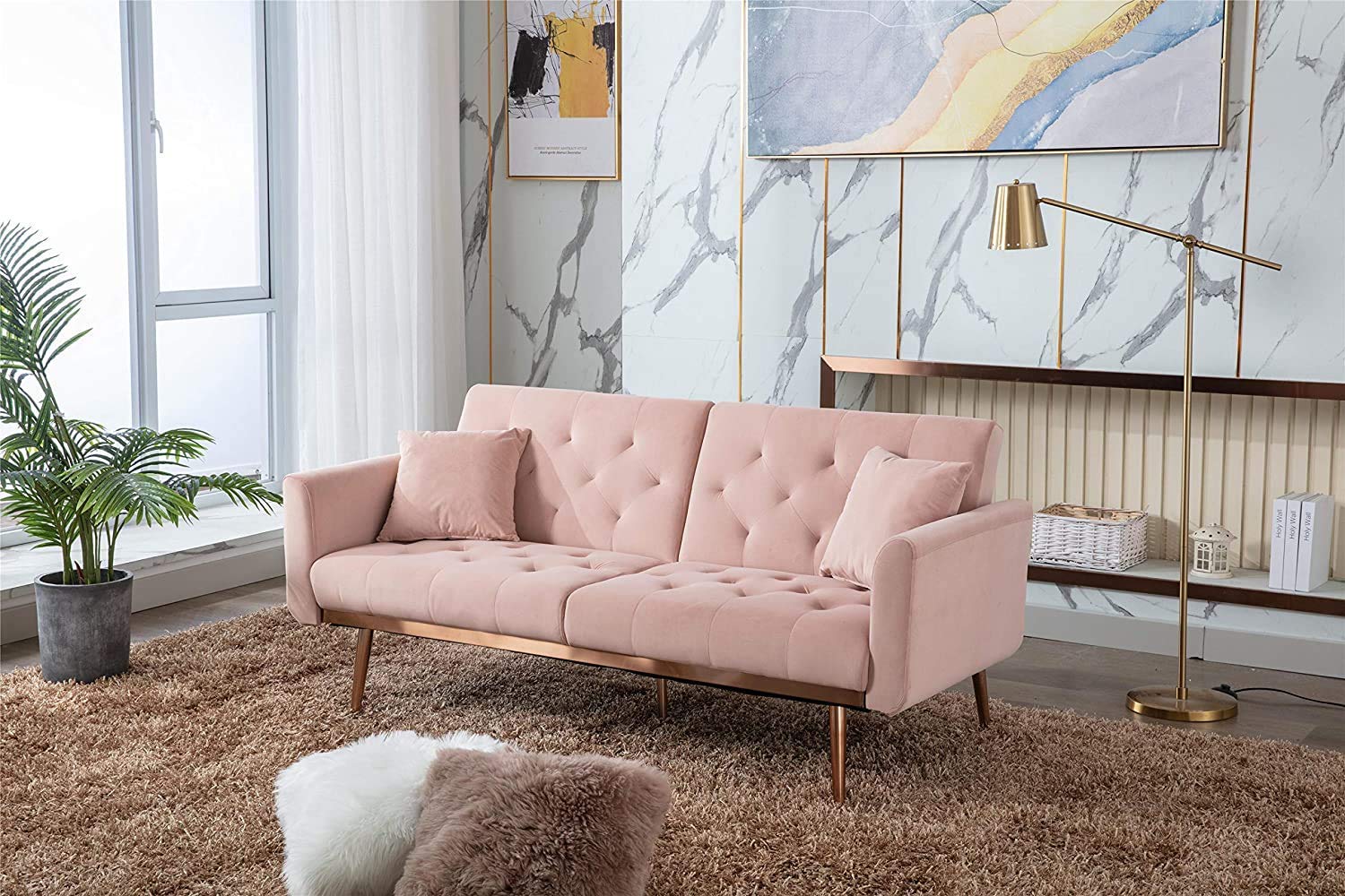 Mid Century Modern Velvet Fabric Convertible Sofa Bed - Pink Futon Recliner Couch with Gold Metal Feet, Accent Loveseat for Living Room, Bedroom & Small Spaces (59