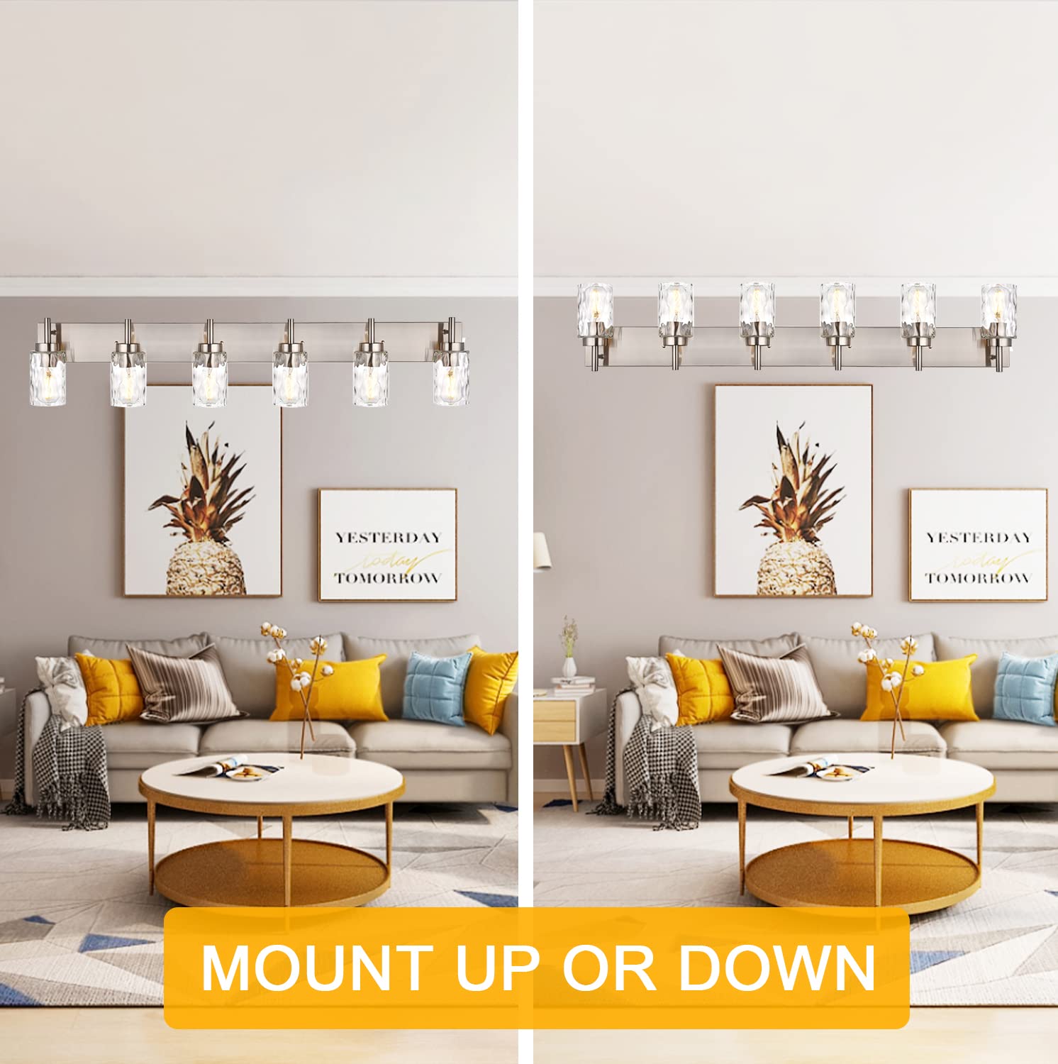 BONLICHT Mid-Century Modern Bathroom Vanity Wall Light - 6-Light Farmhouse Sconce with Clear Water Glass Shade, Brushed Nickel Finish - Perfect for Bathroom Mirror Lighting, Dining Room Wall Decor & Dressing Table Illumination