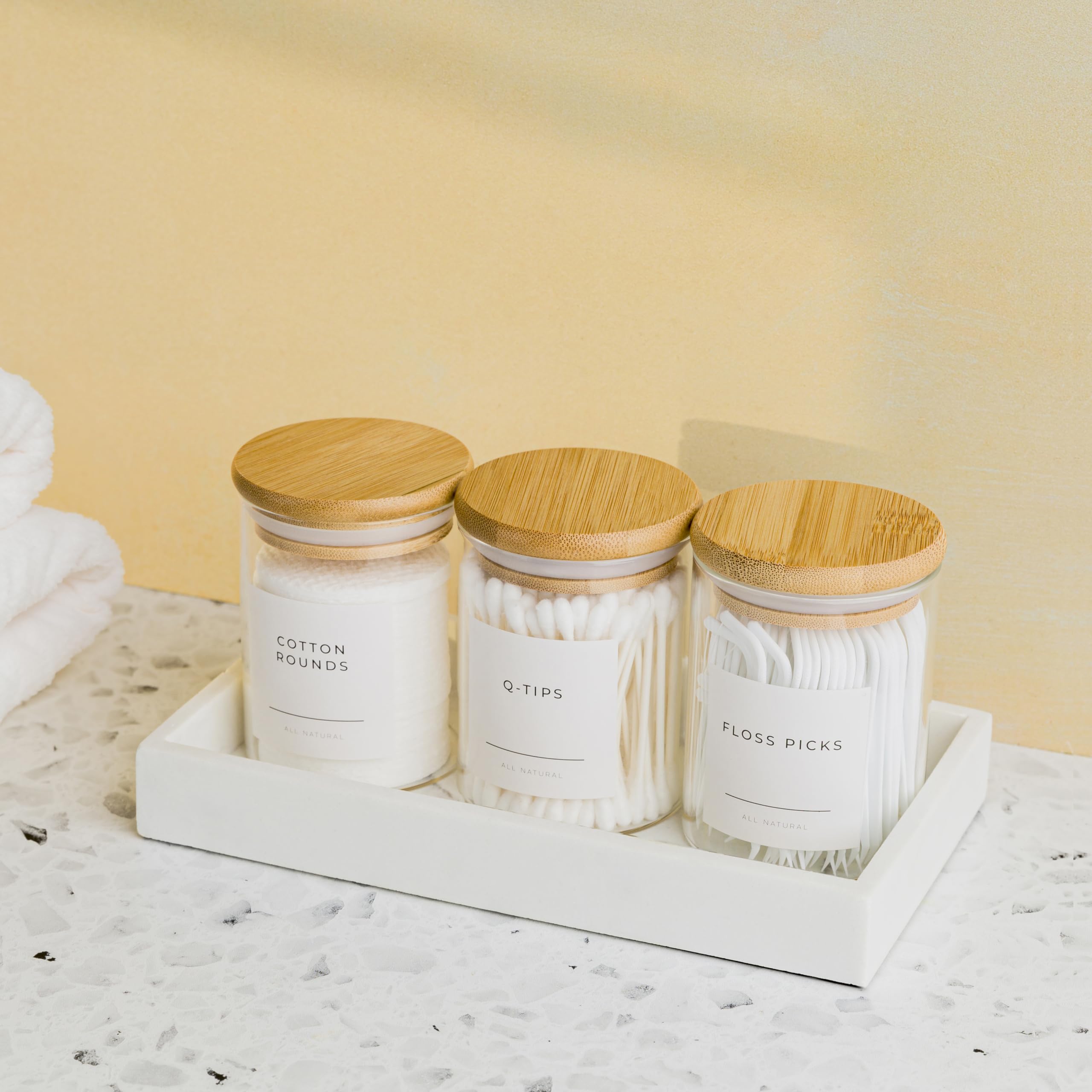 Mini Glass Apothecary Jars with Bamboo Lids - 10 oz Set of 3 | Bathroom & Kitchen Storage Containers for Cotton Balls, Pads, Swabs | Perfect for Vanity Organizer, Countertop Decor, Spice Jars & DIY Craft Supplies