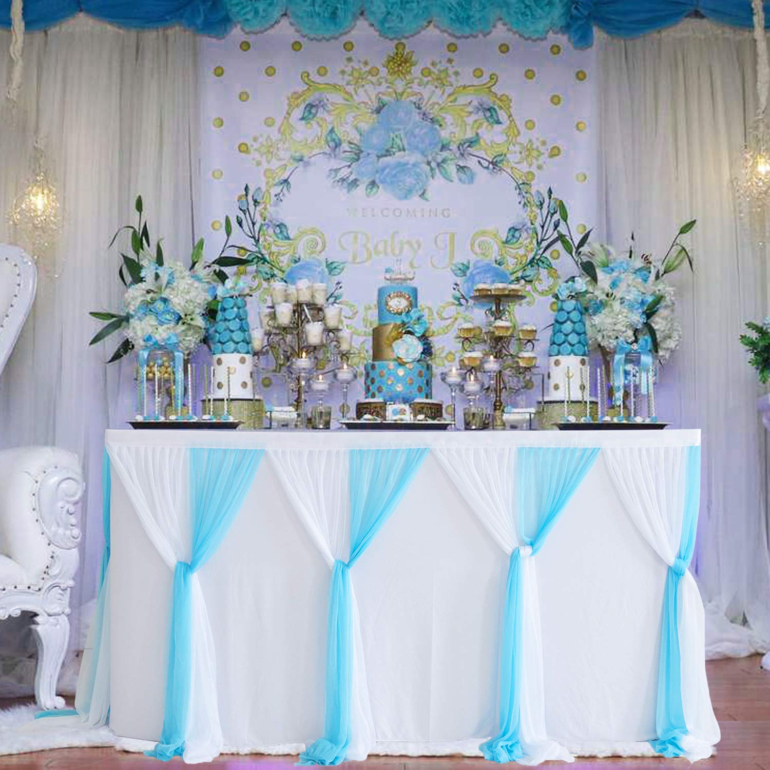 Suppromo Baby Blue Tulle Table Skirt - 9ft Rectangle Tutu Tablecloth for Baby Showers, Birthday Parties, Cake & Dessert Buffets | Elegant Banquet Table Decor for Boys Celebrations & Special Events