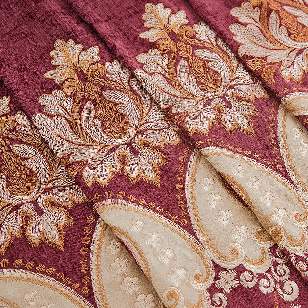 ELKCA Burgundy Red Chenille Curtains with Embroidered Pattern - European Style Living Room Drapes, Holiday Festival Window Treatments, Grommet Top (52