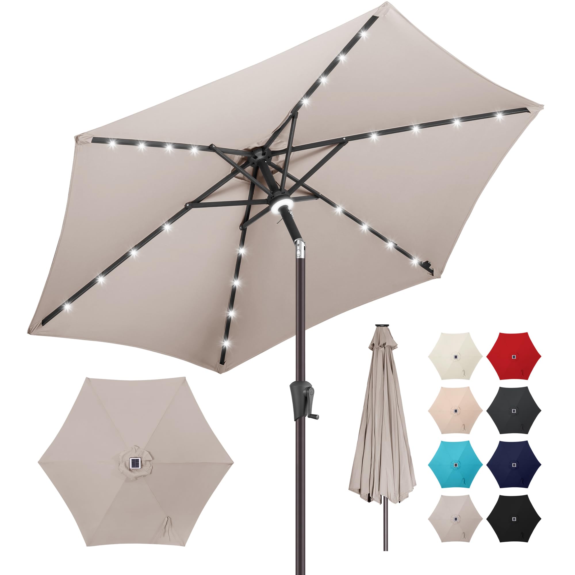 7.5ft Solar Powered LED Patio Umbrella with Tilt & Crank - Waterproof UV Protection Outdoor Table Umbrella for Pool, Garden, Deck, Backyard (Taupe) | Perfect for Summer Evenings, Outdoor Dining & Relaxation