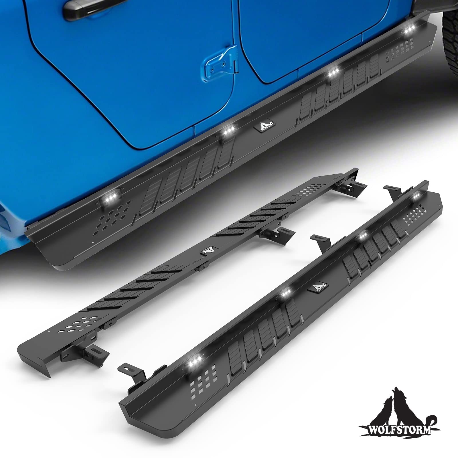WOLFSTORM Alloy Steel Running Boards with LED Lights for 2019-2022 Jeep Gladiator JT 4 Door - Side Step Nerf Bars Replacement Accessories - Perfect for Off-Roading, Daily Driving & Truck Customization
