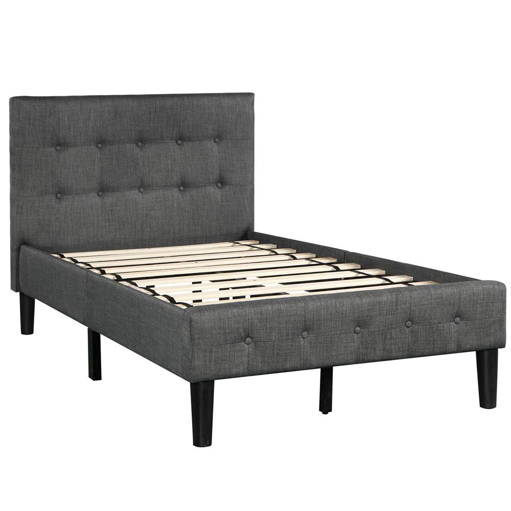 **Upholstered Wood Platform Bed Frame with Tufted Headboard - Twin Size, Wood Slat Support, No Box Spring Needed, Gray - Perfect for Modern Bedrooms & Guest Rooms**