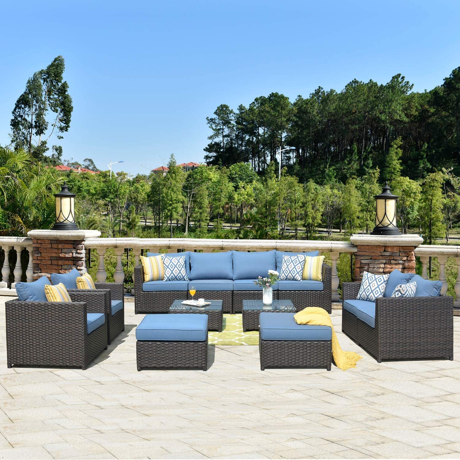 Ovios 12-Piece Patio Furniture Set - Outdoor Wicker Rattan Sofa Set with Blue Cushions, Fully Assembled Brown Rattan Furniture for Garden, Poolside & Backyard Relaxation