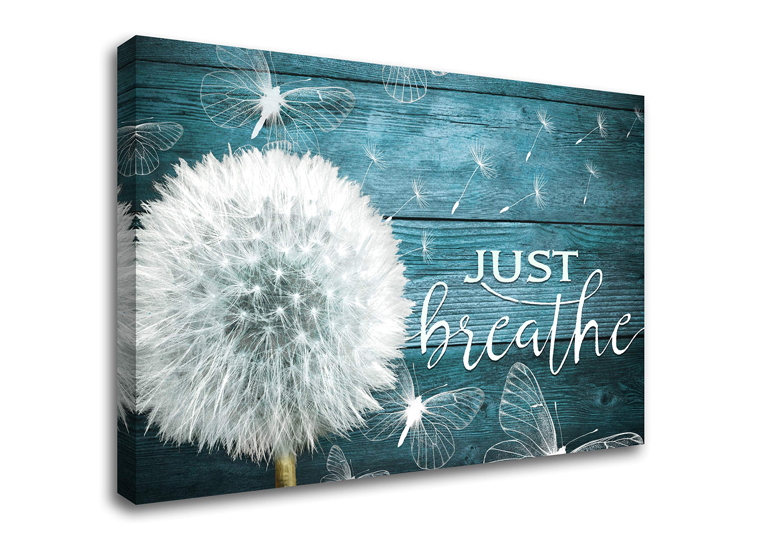 BOLDROLE Just Breathe Teal Dandelion Canvas Wall Art - 16x24 Inch Framed Ready to Hang Floral Print for Living Room, Bathroom, Bedroom & Office Decor - Perfect for Home, Spa or Meditation Space