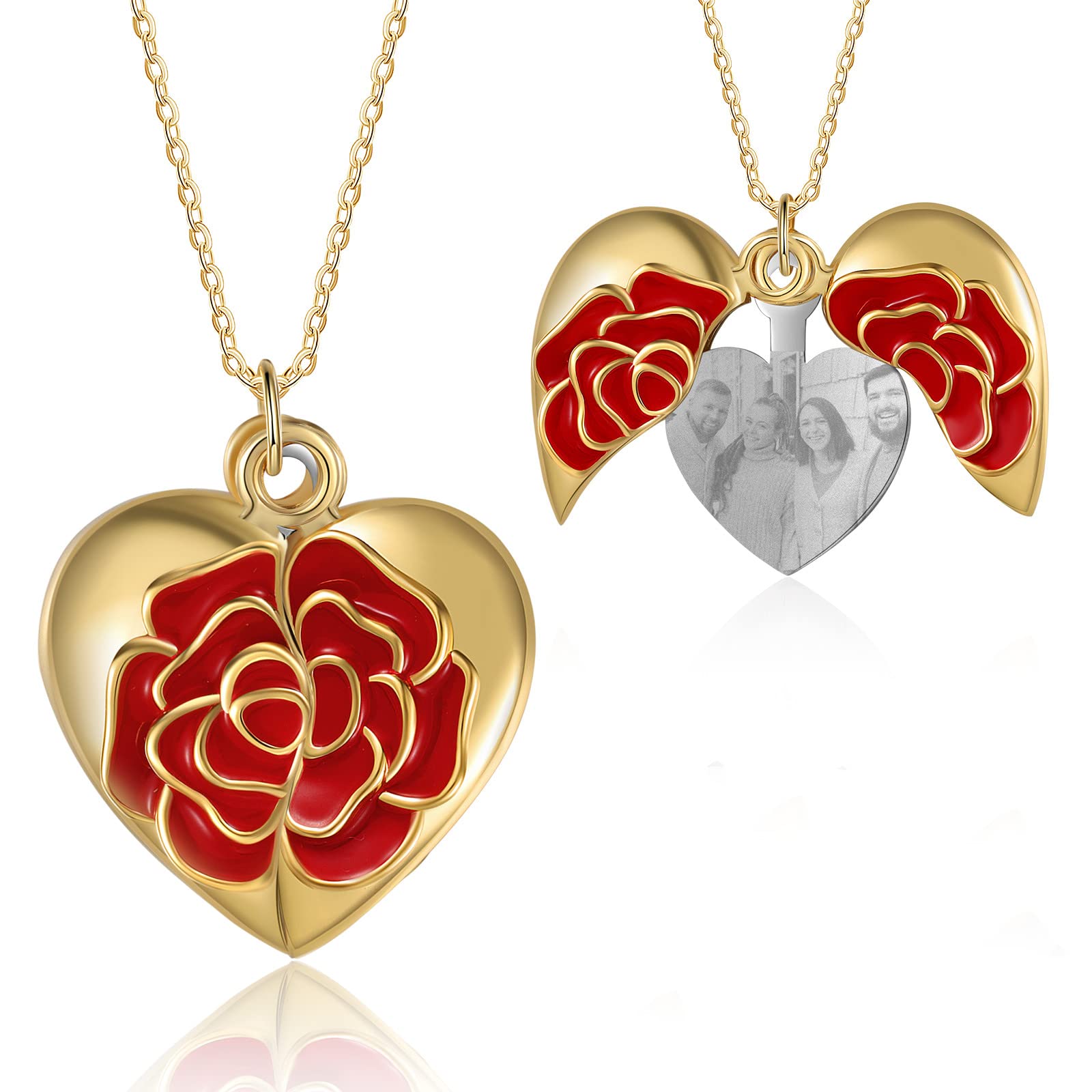 Rose Flower Heart Locket Necklace for Women - Custom Photo Pendant with Picture Inside, Personalized Gift for Girlfriend, Valentine's Day, Anniversary - Perfect for Romantic Occasions & Keepsake Memories