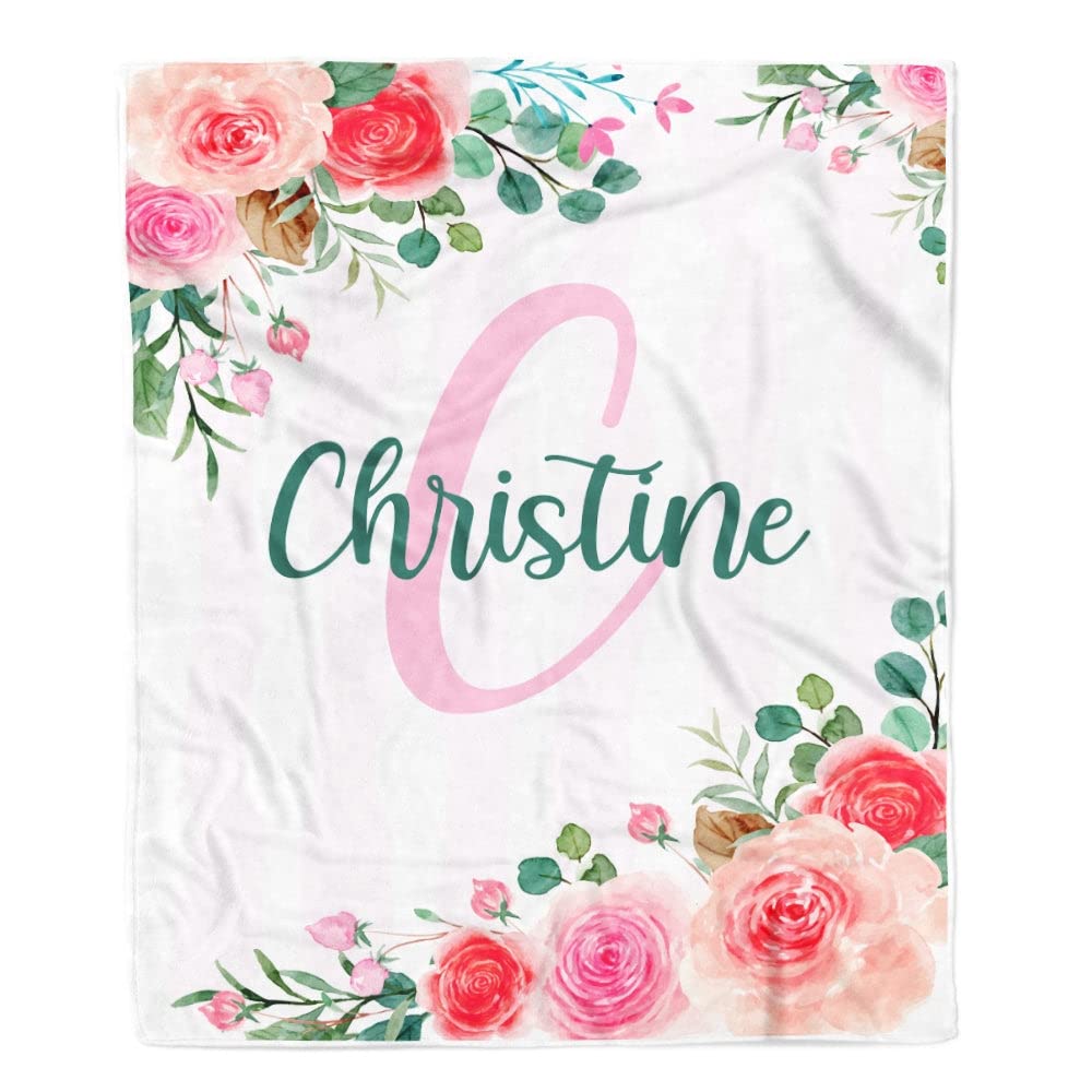 **Personalized Baby Blankets for Girls - Custom Name Pink Floral Fleece Blanket (60