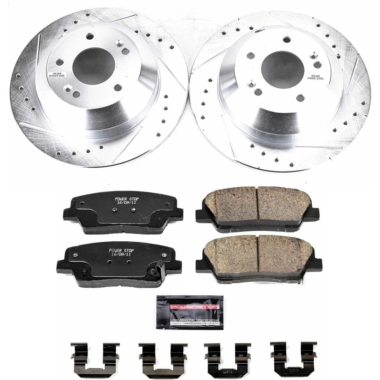 Power Stop K7062 Rear Z23 Carbon Fiber Brake Pads & Drilled/Slotted Rotors Kit - Compatible with 2016-2020 Kia Sorento | High-Performance Braking for Daily Commuting & Towing