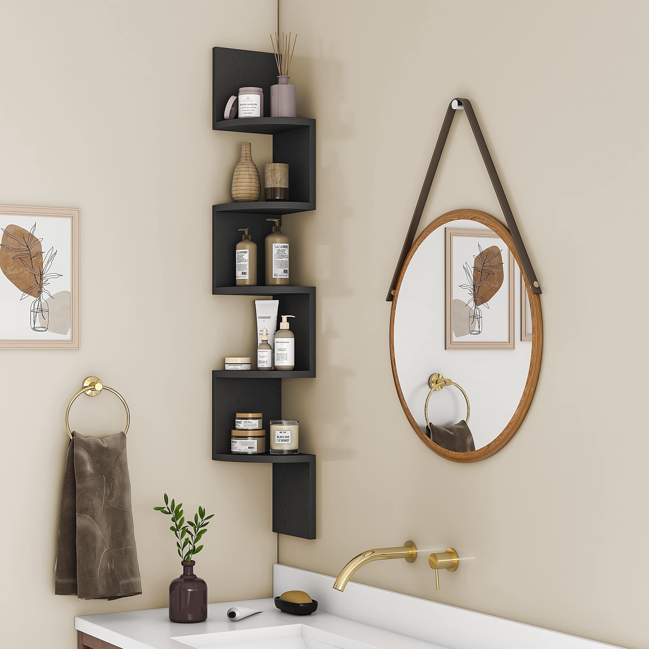 Premium Black Floating Shelves Set of 2 - Invisible Wall Mounted Wooden Shelves & 5-Tier Corner Shelf for Home Organization - Perfect for Living Room, Bedroom, Bathroom, Kitchen & Office Storage | Space-Saving Wall Decor & Display Solution