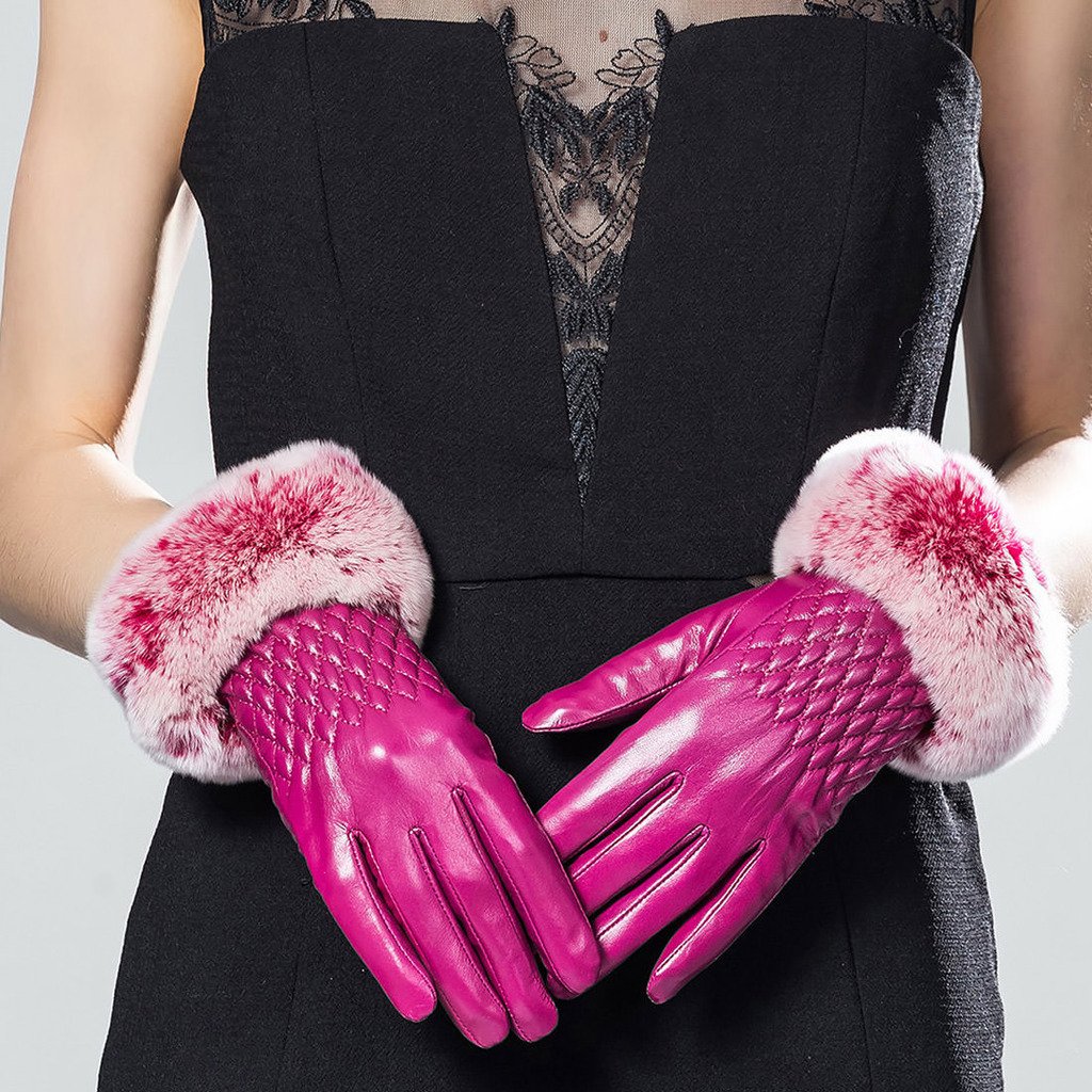 Women's Winter Leather Gloves with Rex Rabbit Fur Cuff - Warm Soft Touchscreen Gloves for Cold Weather, Driving, Outdoor Activities & Fashion