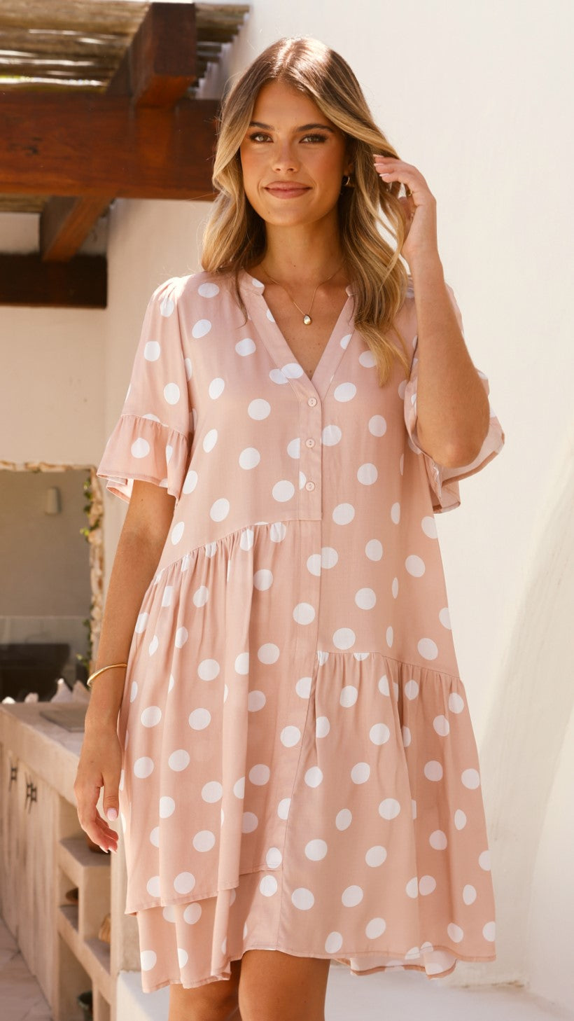 Lyssa Mini Dress - Beige & White Polka Dot Summer Casual Dress for Women | Perfect for Beach, Party & Date Night