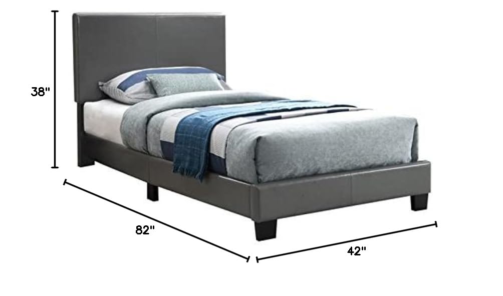 Pemberly Row Twin Size Faux Leather Upholstered Bed Frame with 12-Slat Support System in Gray - Perfect for Modern Bedrooms, Guest Rooms & Small Spaces