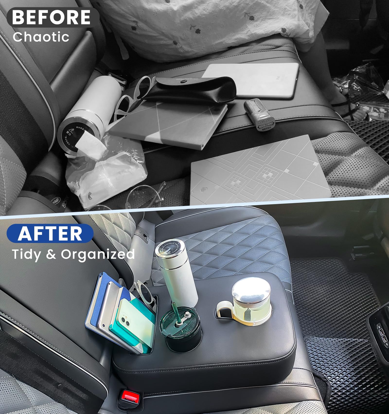 Premium Car Cup Holder Organizer - Back Seat PU Leather Drink Tray for Vehicles (Trucks, SUVs, Minivans, RVs) with Snack & Remote Storage - Perfect for Road Trips, Camping & Family Travel