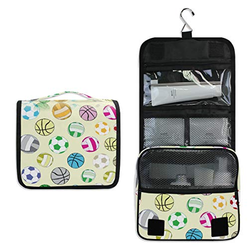 Football Basketball Pattern Hanging Toiletry Bag - Large Travel Cosmetic Organizer with Hook for Gym & Travel