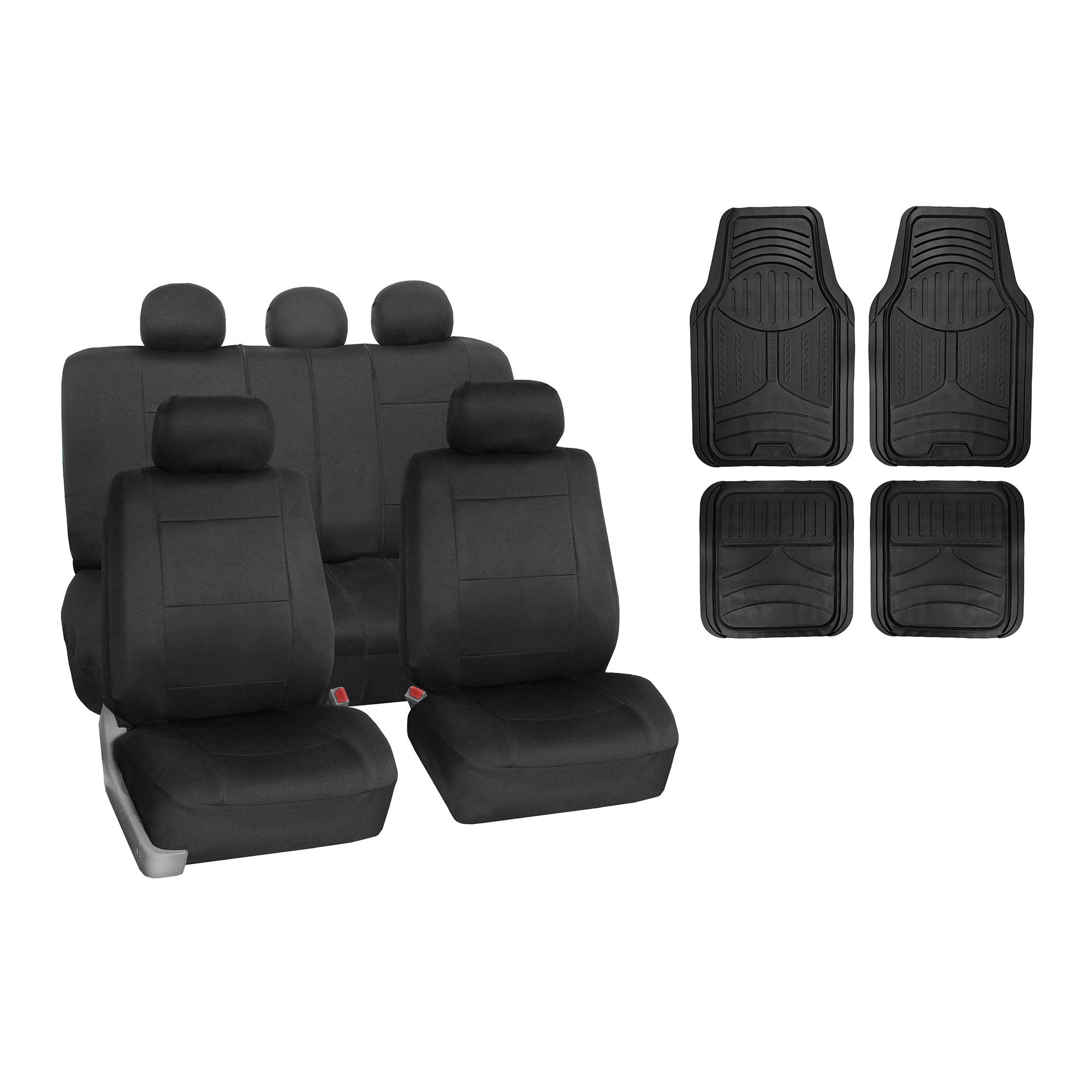 TLH Neoprene Black Seat Covers Full Set - Airbag Compatible Universal Fit Car Seat Covers with Trimmable Monster Eye Floor Mats | Waterproof Auto Seat Protectors for Cars, Trucks & SUVs | Perfect for Road Trips, Daily Commutes & Off-Road Adventures