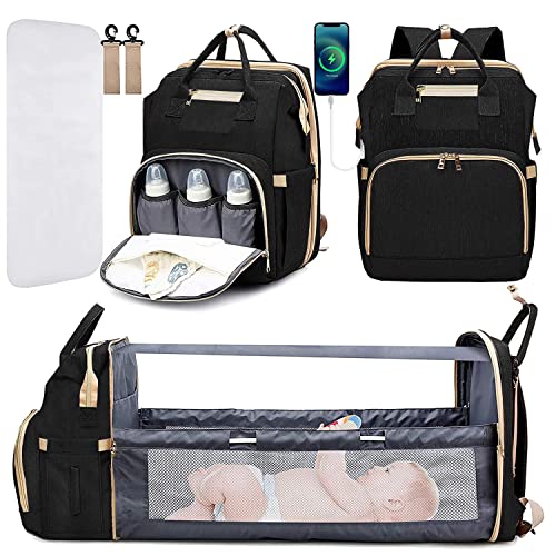 KABAQOO Large Waterproof Diaper Backpack with Changing Station & USB Charging Port - Multifunctional Baby Bag for Boys & Girls, Travel Backpack for Moms & Dads (Black) - Perfect for Daycare, Travel, and On-the-Go Parenting