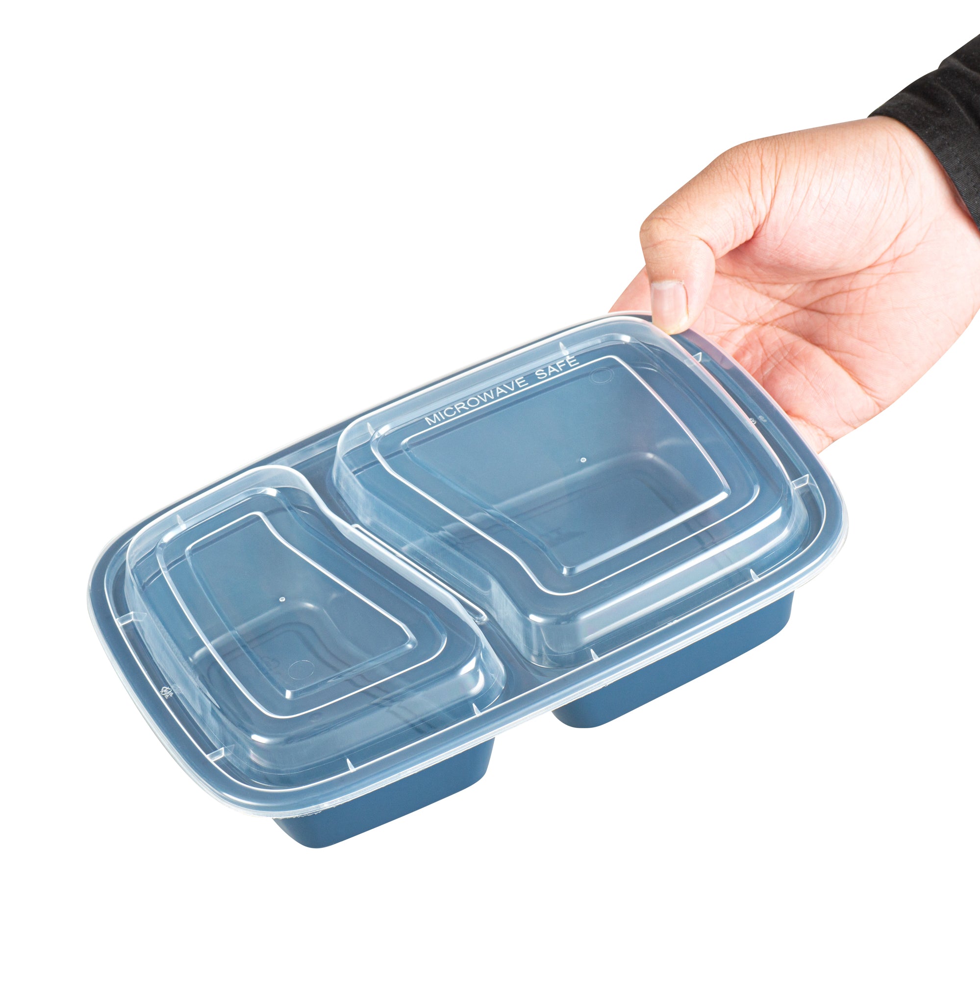 32 oz Midnight Blue Plastic 2-Compartment Food Storage Containers with Clear Lids - Microwave Safe, BPA Free (8.75