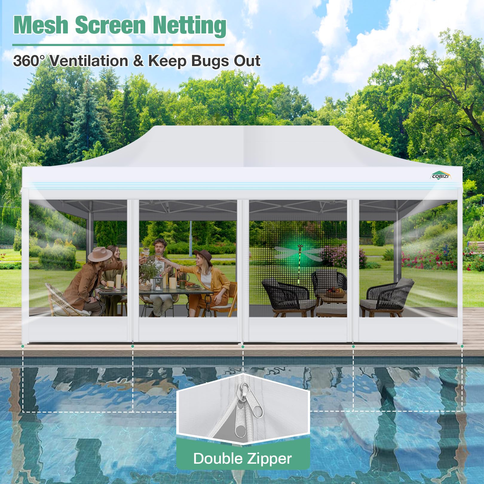 COBIZI 10x20 Heavy Duty Pop Up Canopy Tent with Waterproof Sidewalls & Mosquito Netting - Easy Setup Instant Shelter with Carry Bag for Outdoor Weddings, Parties, Camping & Backyard Events (White)